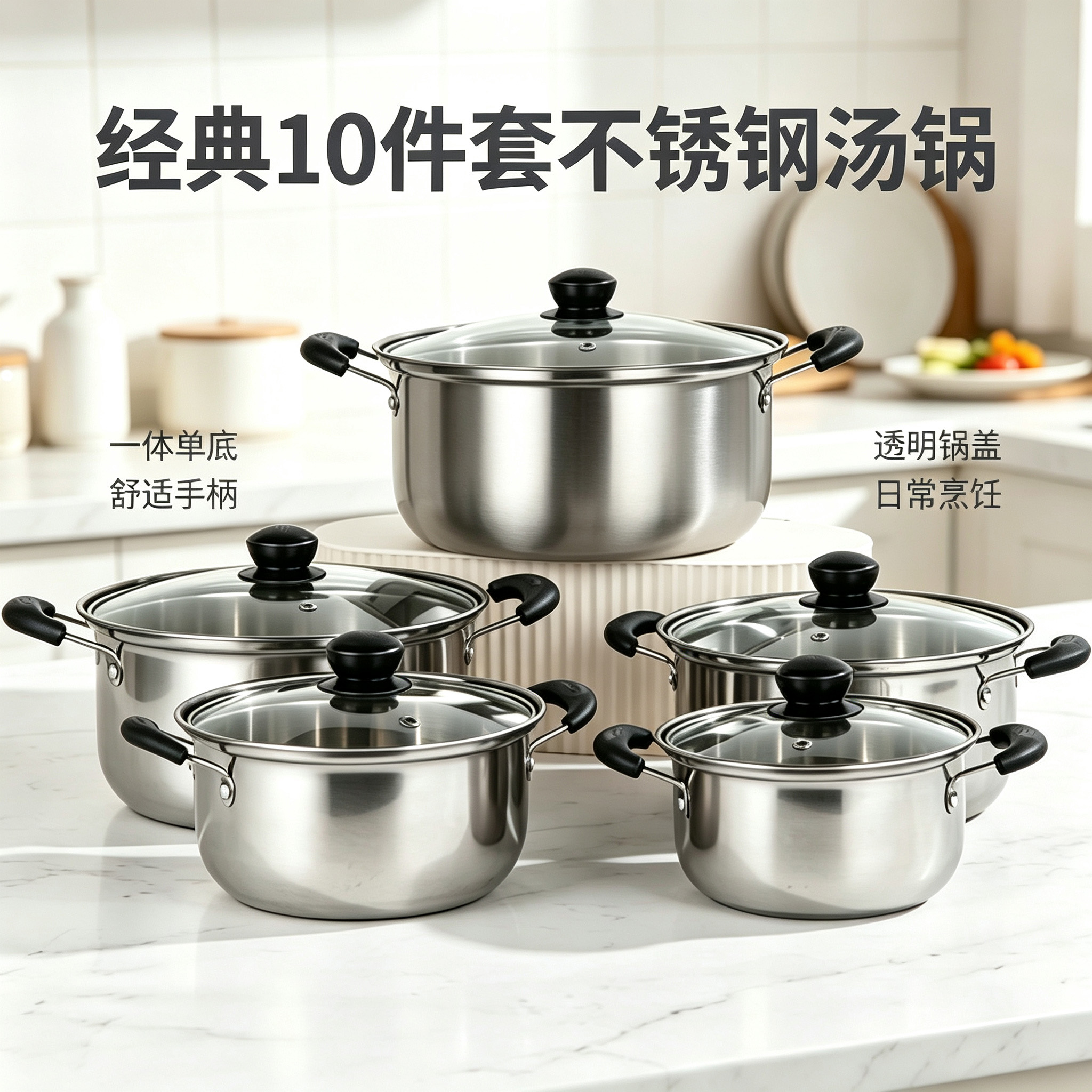 CGUCOOK跨境出口经典款不锈钢10件套锅具本色电木柄把手多规格组合汤锅16-24cm家用锅套装详情1