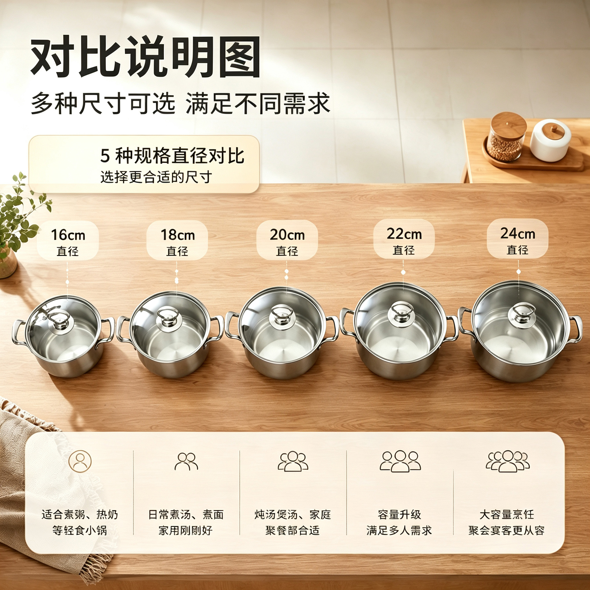 CGUCOOK Cross-border export silver-handled stainless steel 10-piece soup pot set, natural color set pot, multi-specification soup pot, 16-24cm household pot Specification image