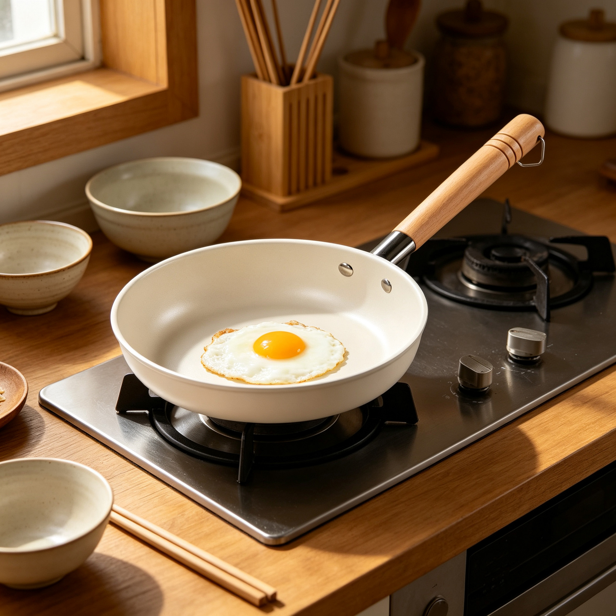 CGUCOOK Mai Fan stone non-stick pan, wooden handle, off-white frying pan, flat frying pan, egg frying magic tool, carbon steel steak frying plate, suitable for household use Application Scenario