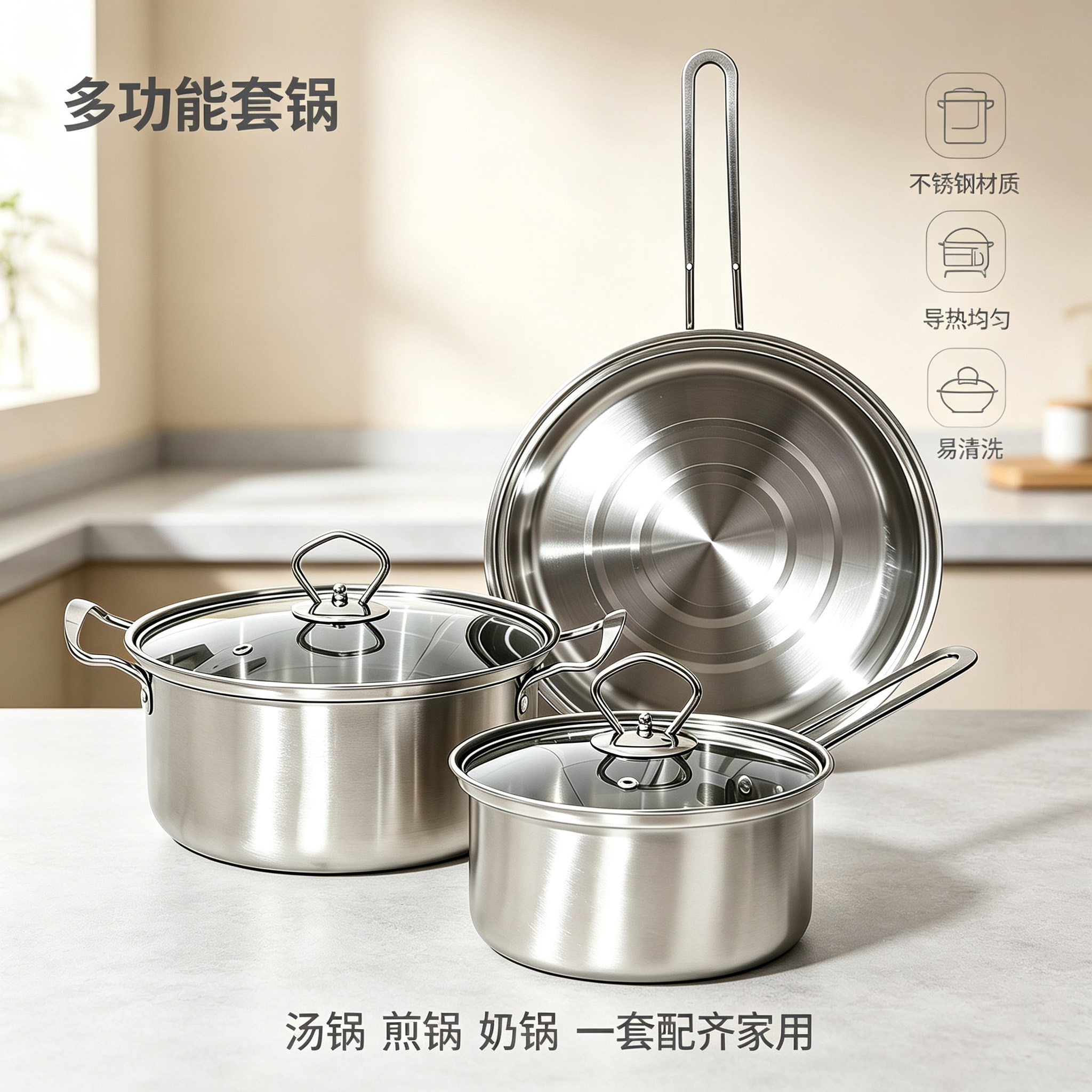 CGUCOOK stainless steel cookware, steel handle multi-functional 5-piece set, stainless steel pot 3-piece set, soup pot, milk pot, frying pot set, multi-specification combination details Picture