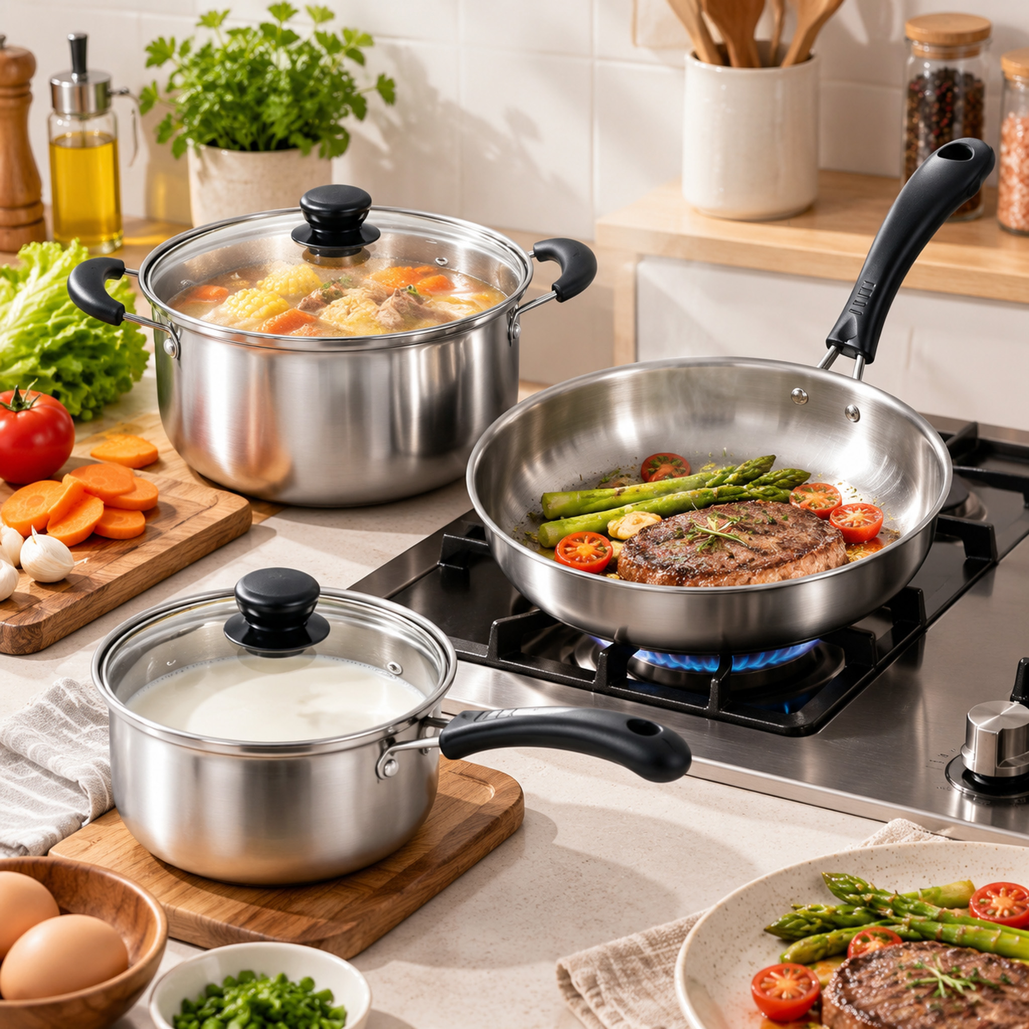 CGUCOOK stainless steel cookware, electric wood handle multi-functional 5-piece set, stainless steel pot 3-piece set, soup pot, milk pot, frying pot set, multi-specification combination Application Scenario