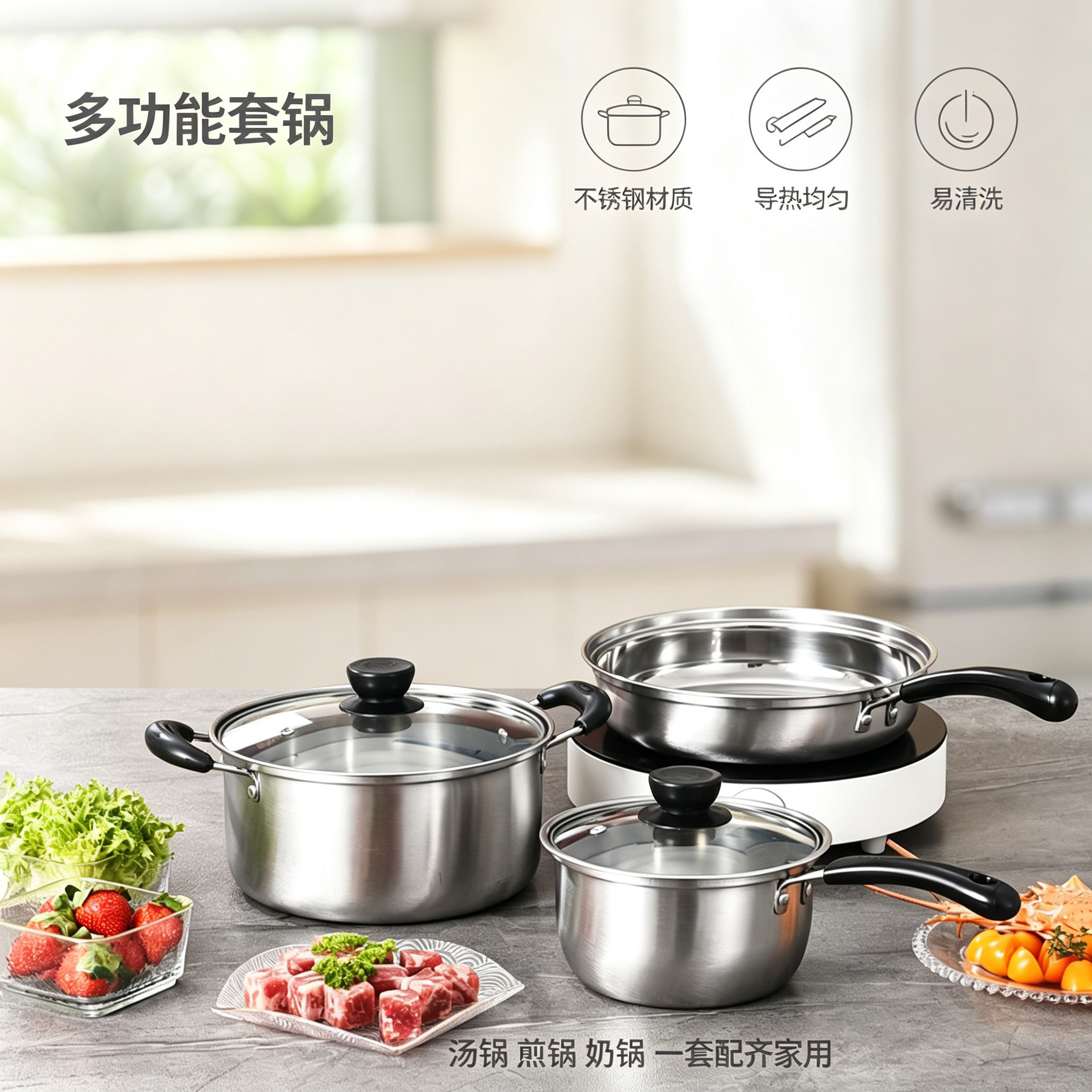 CGUCOOK stainless steel cookware, electric wood handle multi-functional 5-piece set, stainless steel pot 3-piece set, soup pot, milk pot, frying pot set, multi-specification combination details Picture