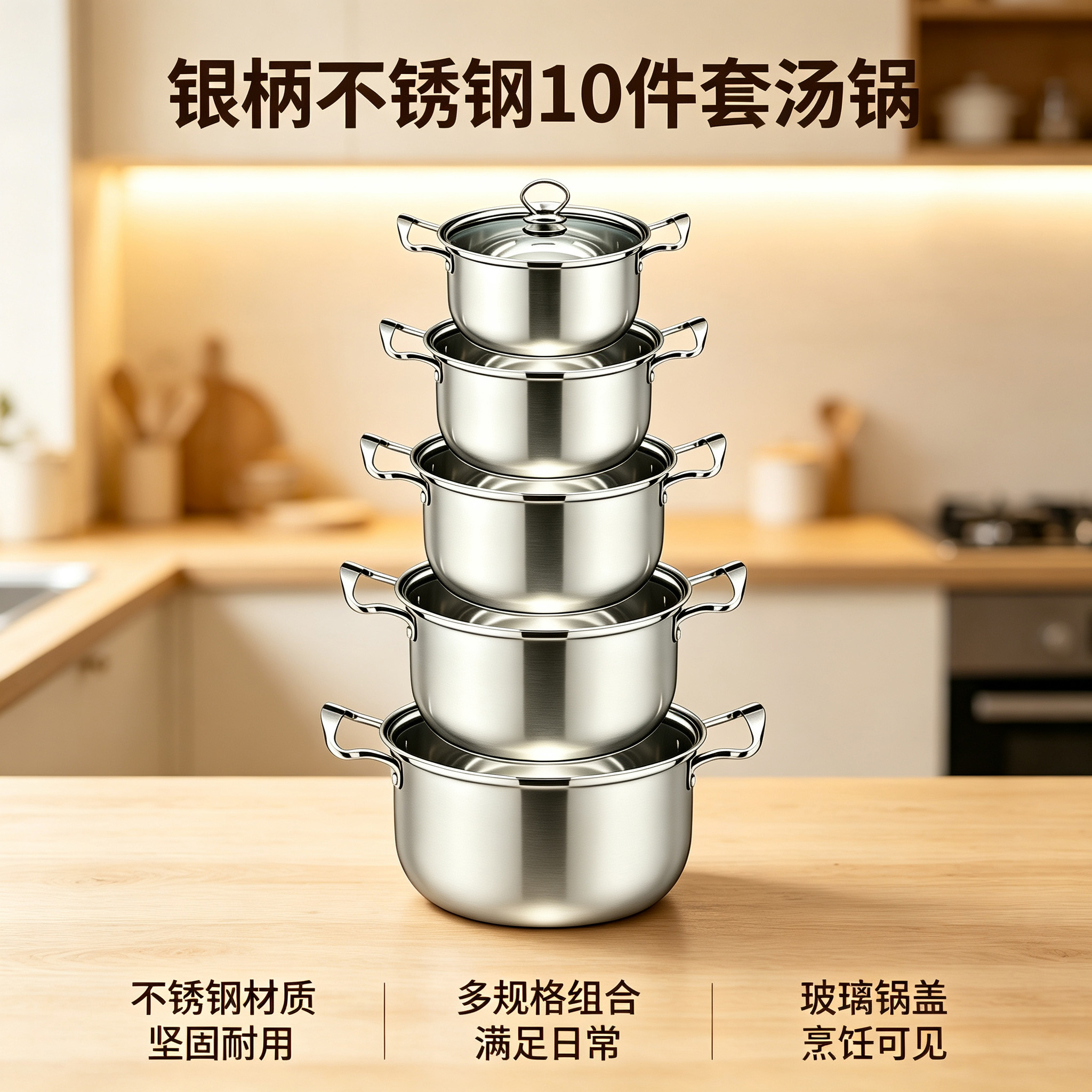 CGUCOOK Cross-border export silver-handled stainless steel 10-piece soup pot set, natural color set pot, multi-specification soup pot, 16-24cm household pot