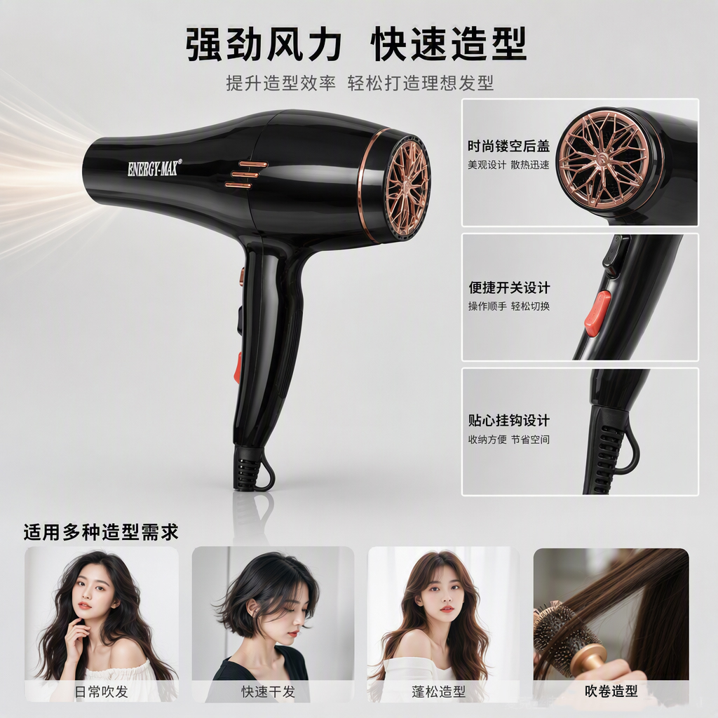 Multi-functional negative ion silent hair dryer, household portable and fast hair drying and care appliance for students