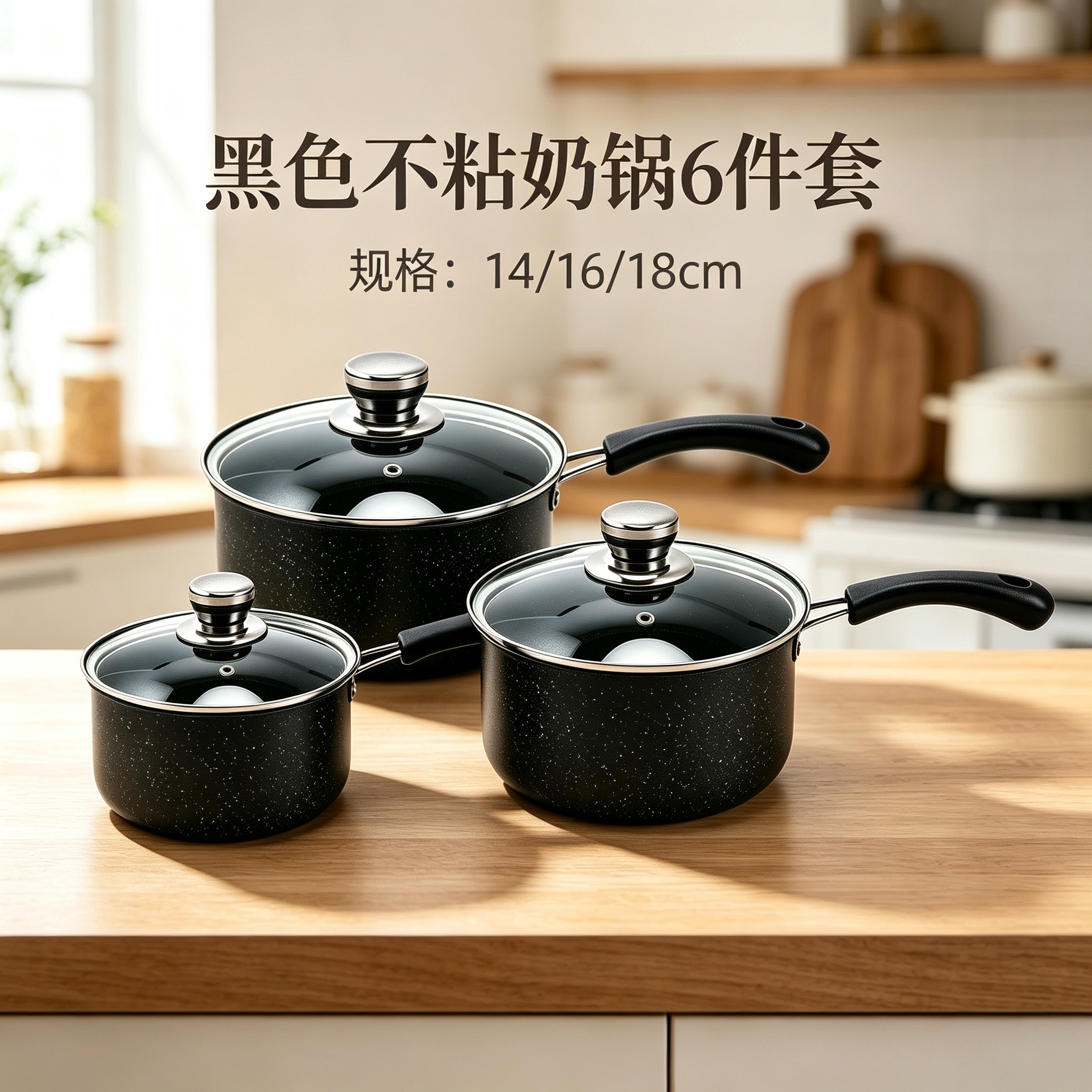 CGUCOOK Black Non-stick Milk Pot 6-piece set, tourmaline non-stick pot, Pure Black small milk pot, baby food pot, multi-functional household hot milk pot, 14-18cm
