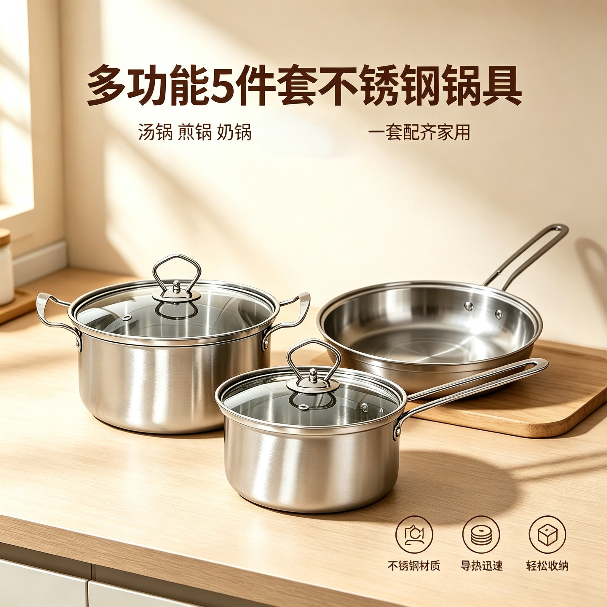 CGUCOOK stainless steel cookware, steel handle multi-functional 5-piece set, stainless steel pot 3-piece set, soup pot, milk pot, frying pot set, multi-specification combination
