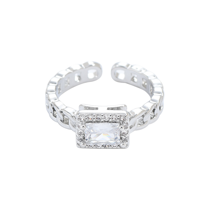 Silver Cuban chain ring for women, rectangular encirclement set with rhinestone, a sweet and cool style versatile piece pic 6