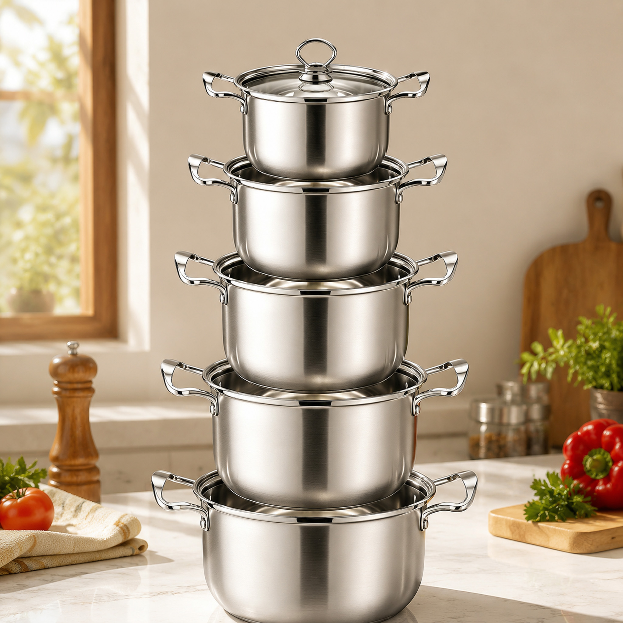 CGUCOOK Cross-border export silver-handled stainless steel 10-piece soup pot set, natural color set pot, multi-specification soup pot, 16-24cm household pot details Picture