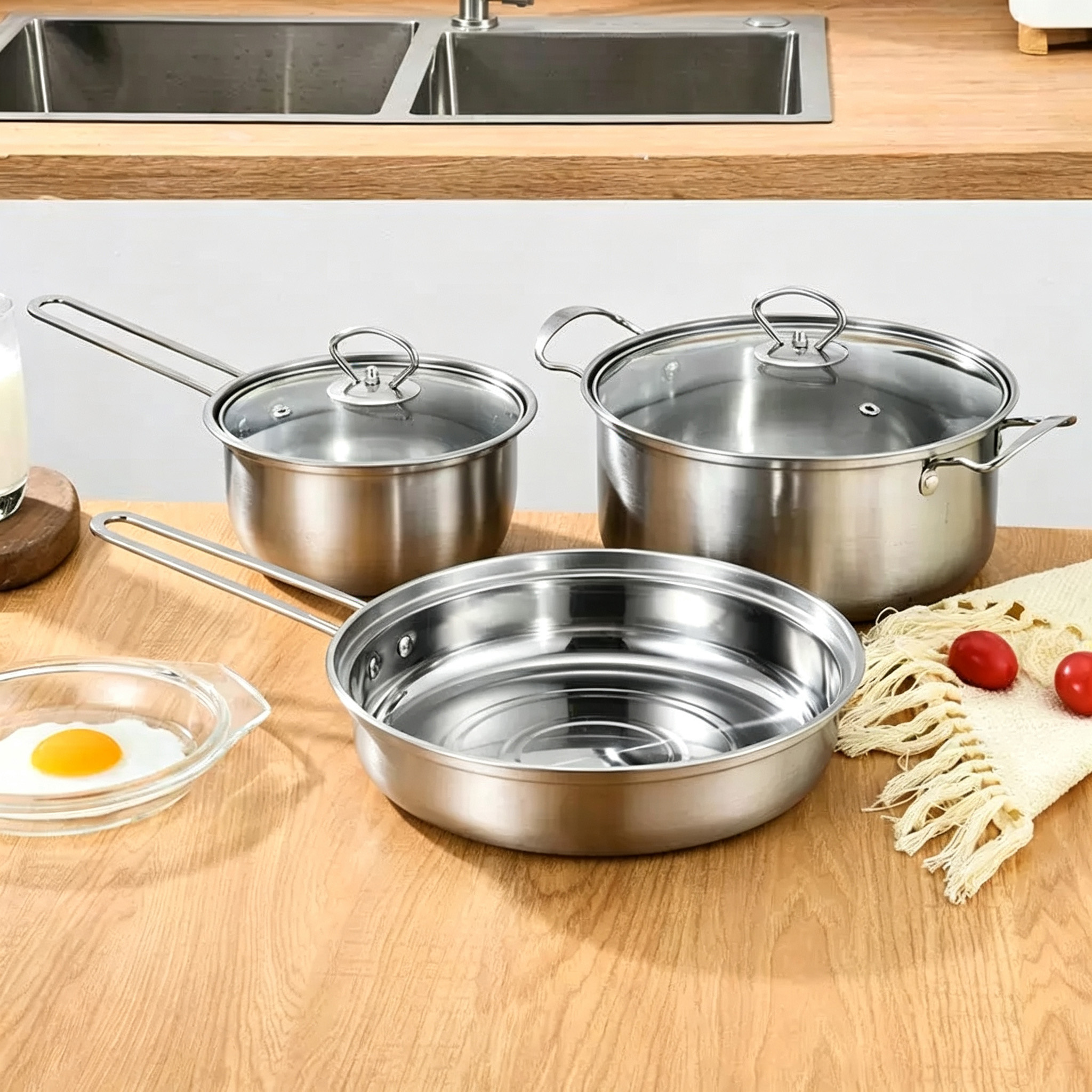 CGUCOOK stainless steel cookware, steel handle multi-functional 5-piece set, stainless steel pot 3-piece set, soup pot, milk pot, frying pot set, multi-specification combination Specification image