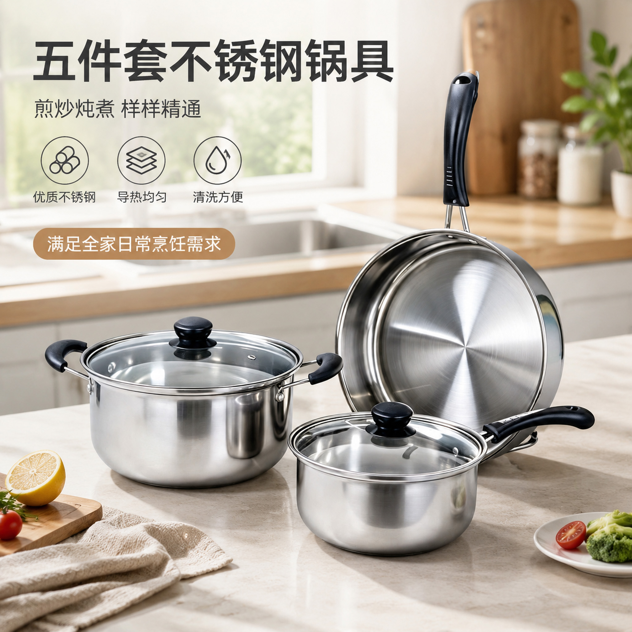 CGUCOOK stainless steel cookware, electric wood handle multi-functional 5-piece set, stainless steel pot 3-piece set, soup pot, milk pot, frying pot set, multi-specification combination CGUCOOK stainless steel cookware, electric wood handle multi-functional 5-piece set, stainless steel pot 3-piece set, soup pot, milk pot, frying pot set, multi-specification combination