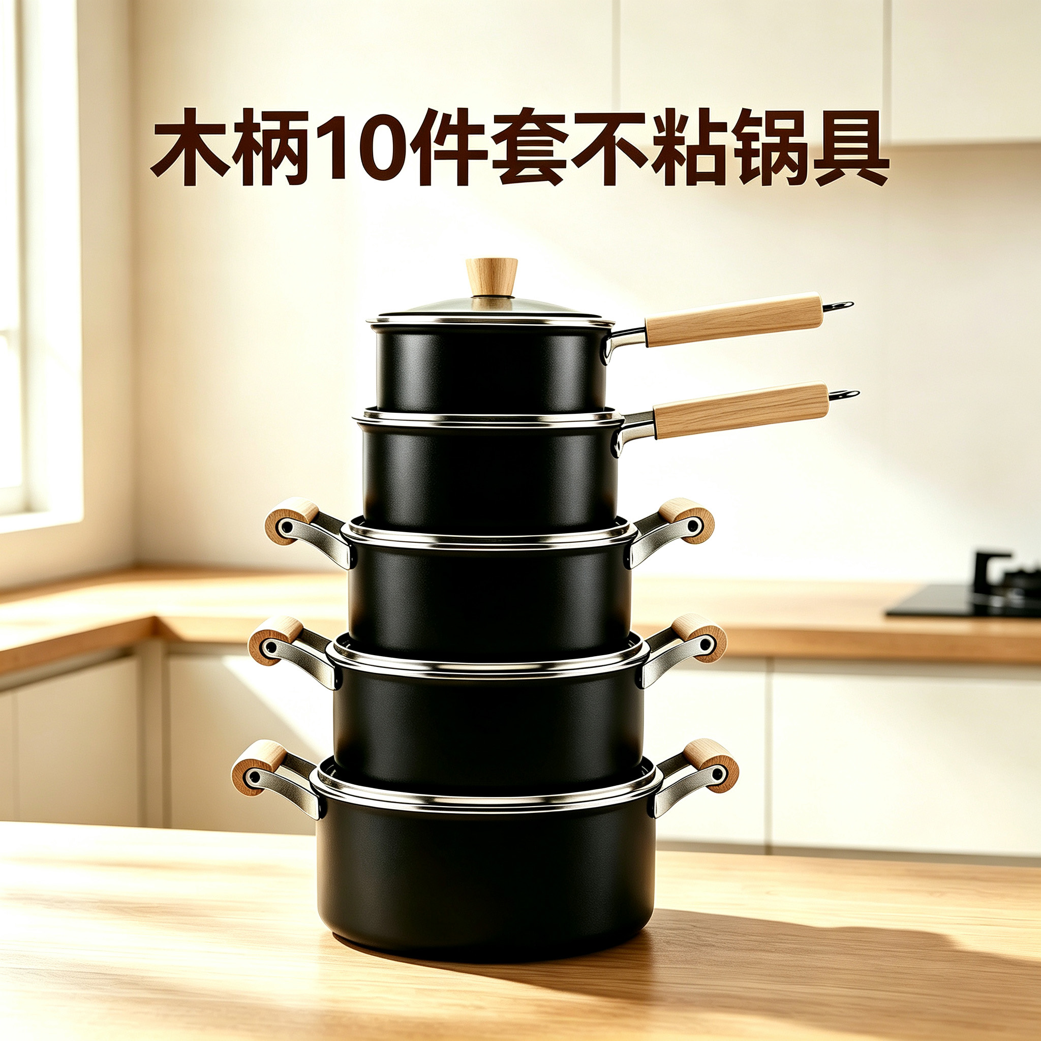 CGUCOOK Cross-border wholesale wooden handle 10-piece set, tourmaline non-stick pot, milk pot, non-stick pure black double-ear soup pot, household cookware set, induction cooker universal, 16-24cm