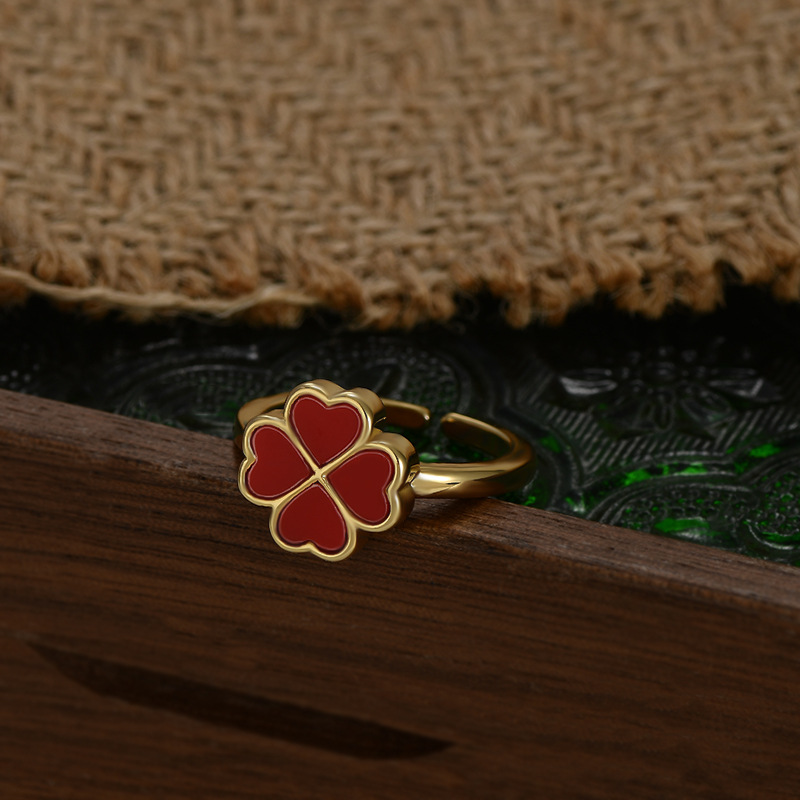Oro rojo gotas de aceite trébol abierto anillo elegante sencillez nicho fecha enviar un regalo details Picture