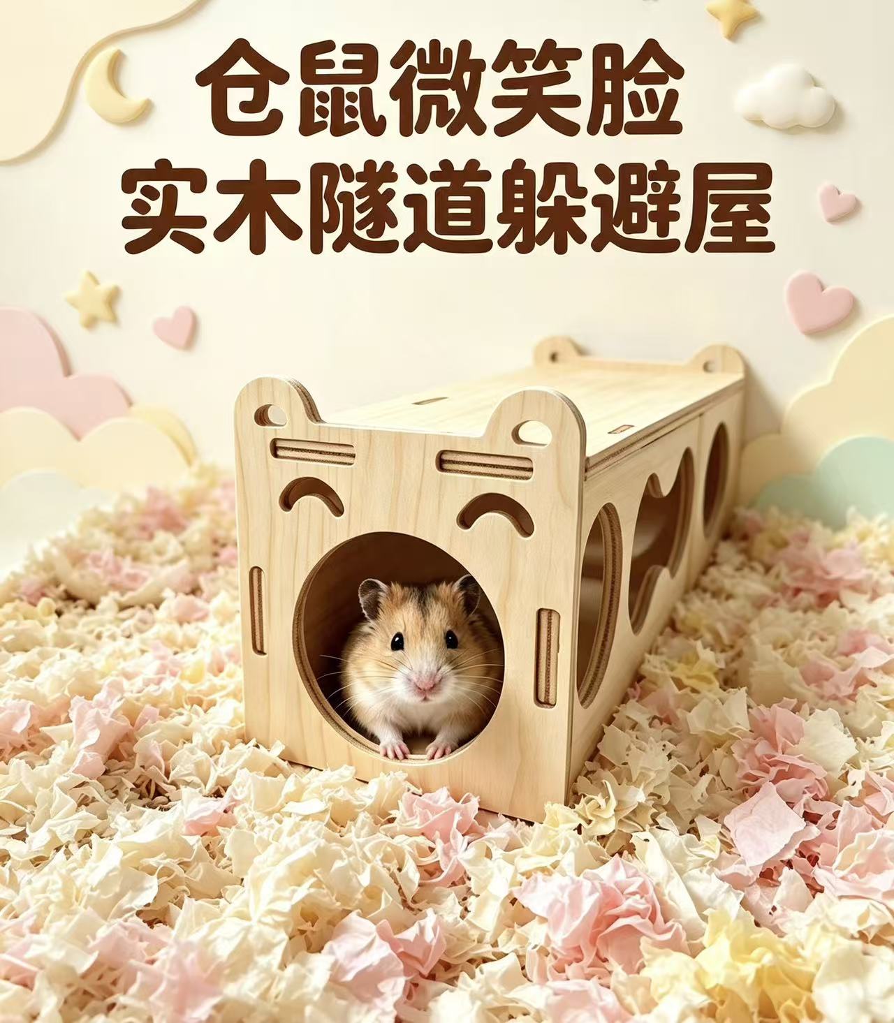 Hamster smiling face solid wood tunnel shelter, Golden thread bear multi-hole wooden house cage interior decoration, hiding and playing nest Specification image