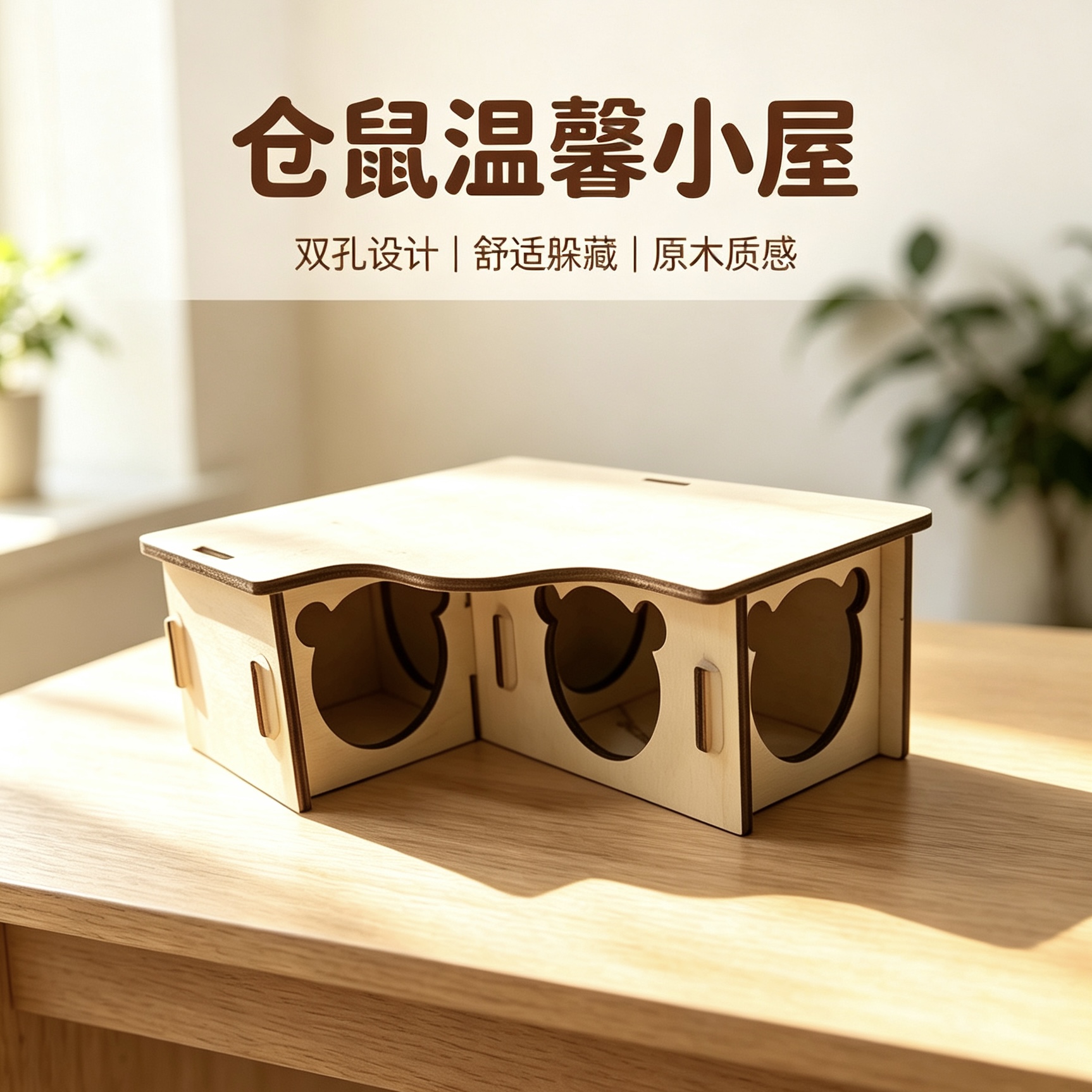 Hamster wooden shelter with multiple compartments and openings, assembled wooden house, golden thread bear cage interior landscaping, pet rest house Specification image