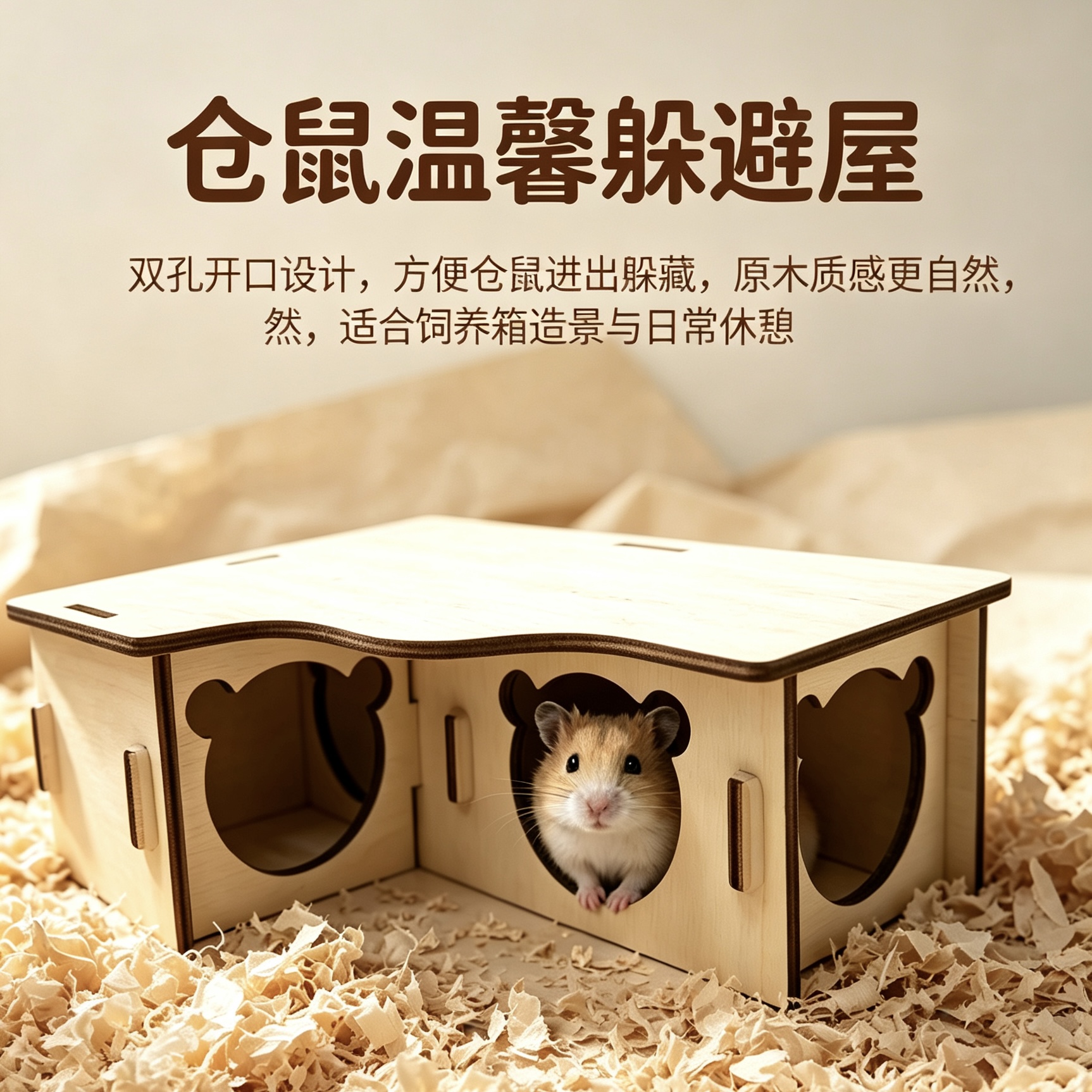 Hamster wooden shelter with multiple compartments and openings, assembled wooden house, golden thread bear cage interior landscaping, pet rest house Item Picture