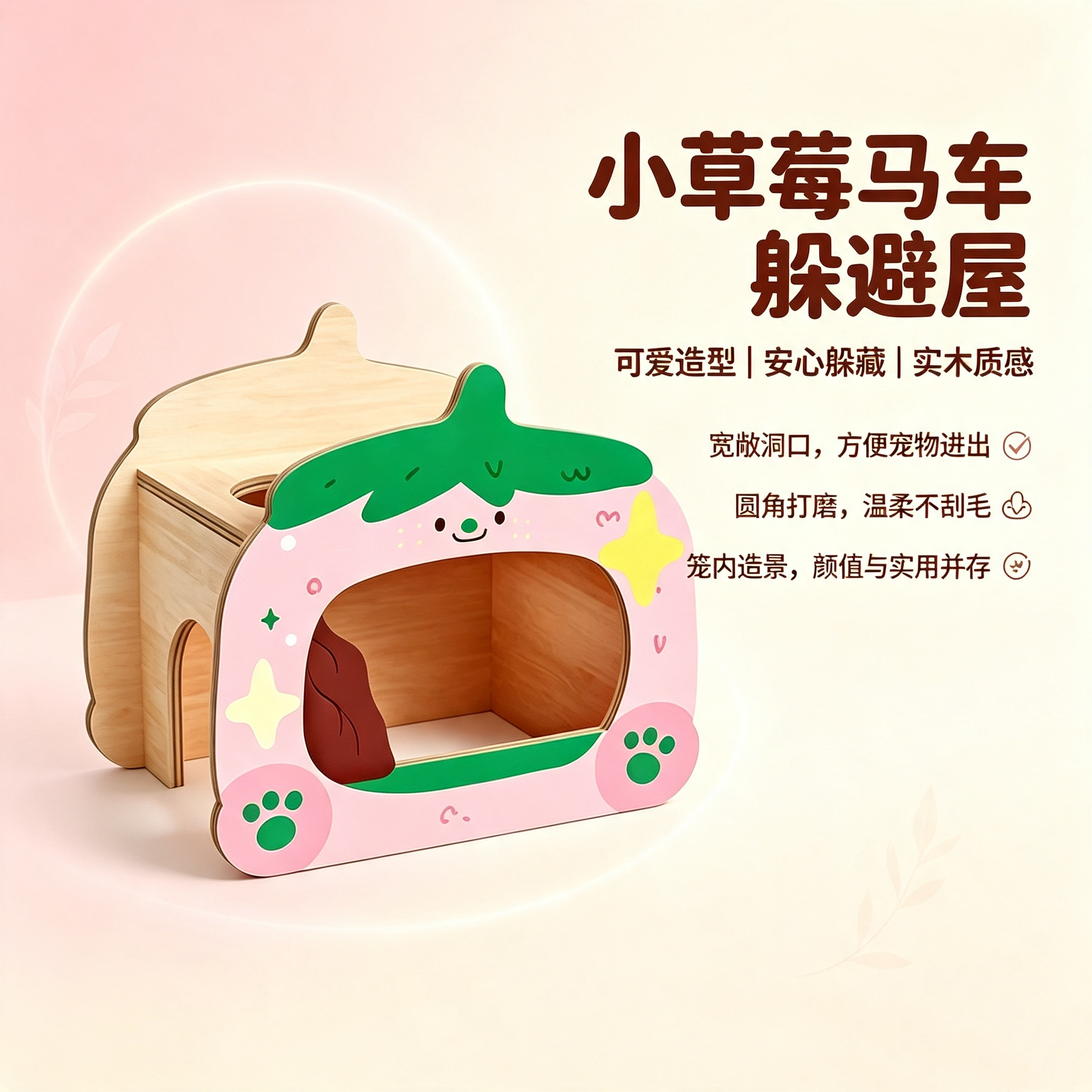Pink strawberry-shaped wooden pet shelter, comfortable and warm cat and dog rest bed, pet supplies, pet home decoration