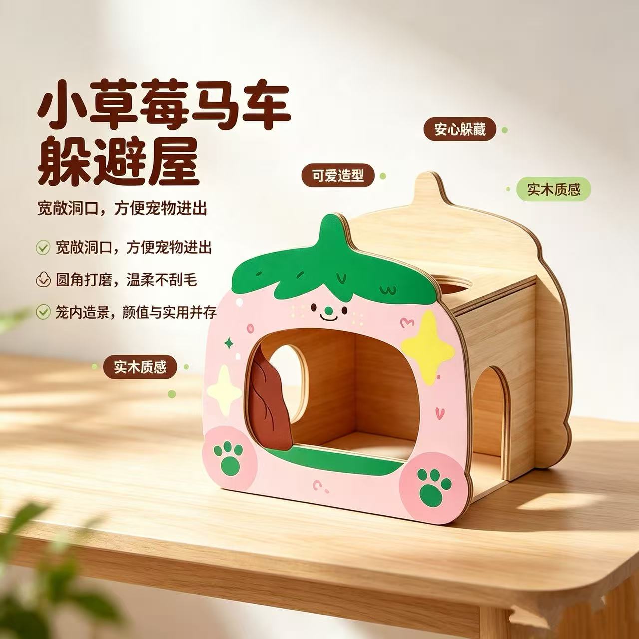 Pink strawberry-shaped wooden pet shelter, comfortable and warm cat and dog rest bed, pet supplies, pet home decoration Item Picture
