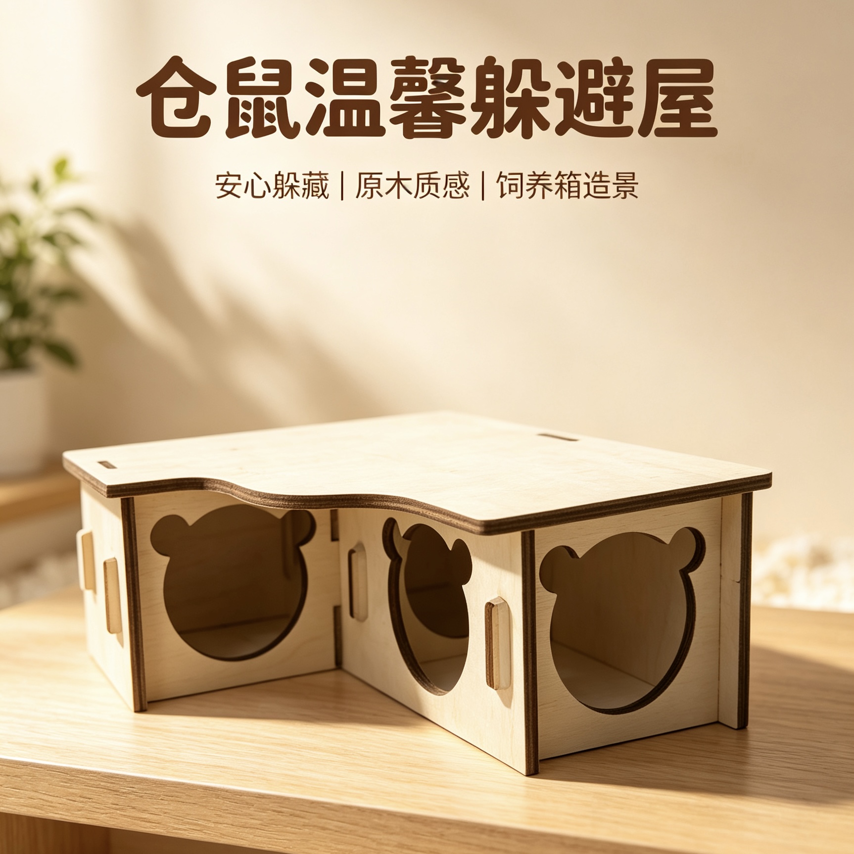 Hamster wooden shelter with multiple compartments and openings, assembled wooden house, golden thread bear cage interior landscaping, pet rest house