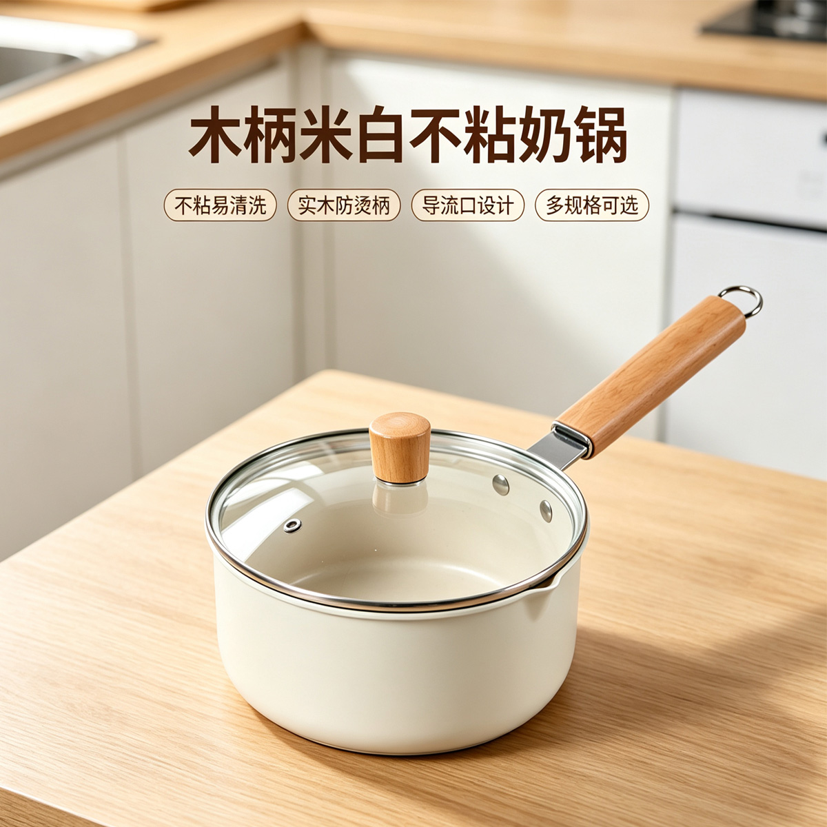 CGUCOOK wooden-handled off-white non-stick milk pot, tourmaline non-stick pot, small milk pot, baby food pot, multi-functional household hot milk pot, instant noodle milk pot