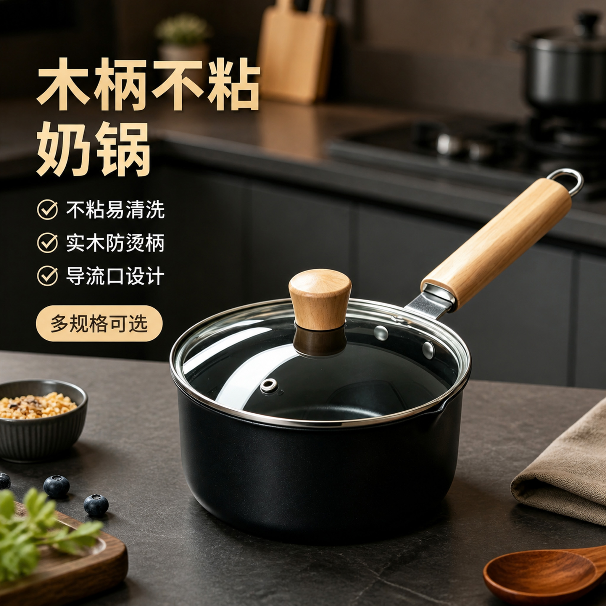 CGUCOOK wooden handle pure black non-stick milk pot, tourmaline non-stick pot, small milk pot, baby side food pot, multi-functional household hot milk pot, instant noodle milk pot