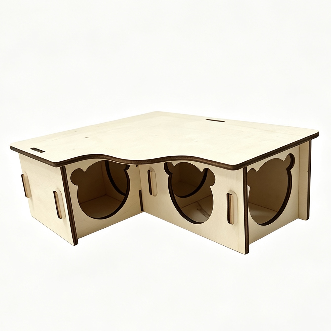 Hamster wooden shelter with multiple compartments and openings, assembled wooden house, golden thread bear cage interior landscaping, pet rest house details Picture