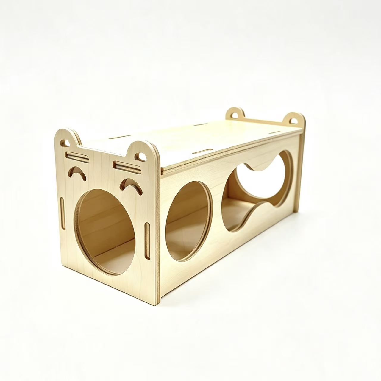 Hamster smiling face solid wood tunnel shelter, Golden thread bear multi-hole wooden house cage interior decoration, hiding and playing nest details Picture