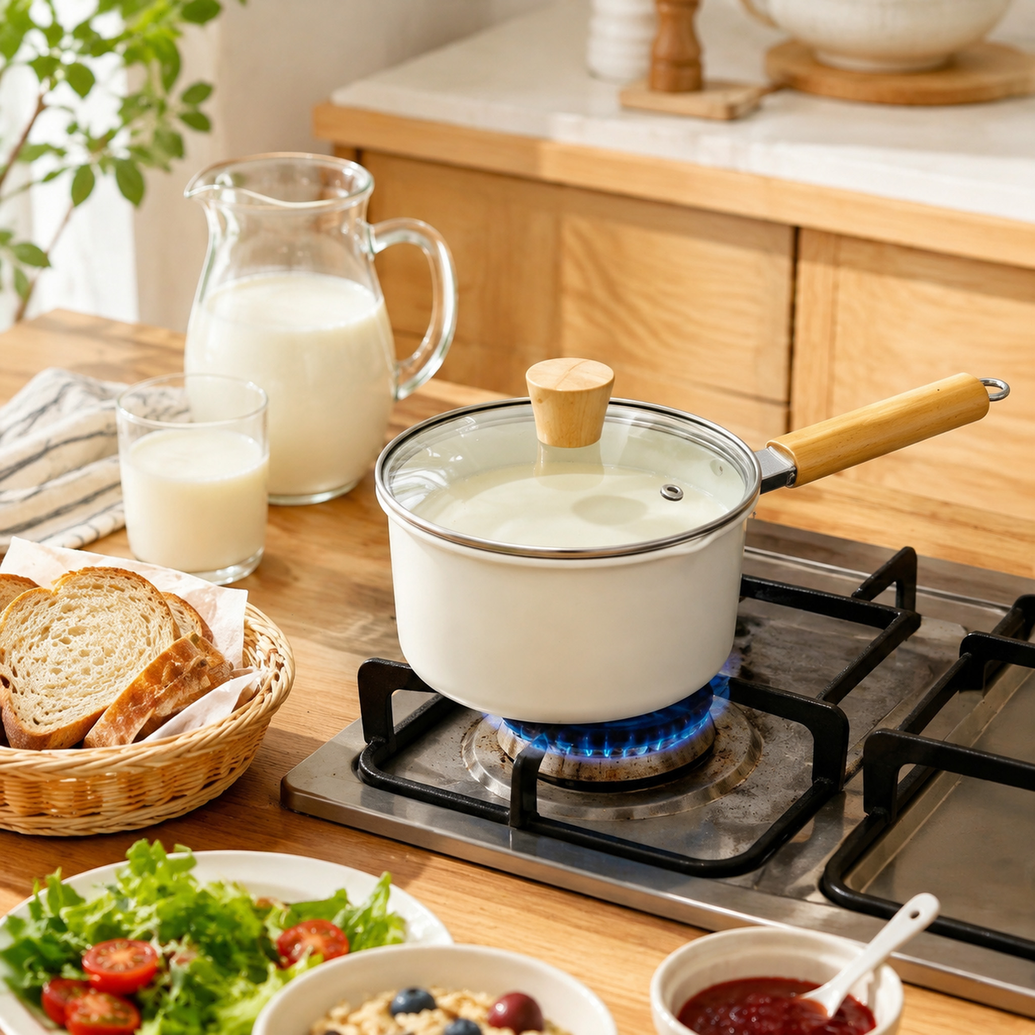 CGUCOOK Wooden handle Non-stick milk pot 6-piece set, tourmaline non-stick pot, milk-colored small milk pot, baby food pot, household hot milk pot, 16-20cm Application Scenario