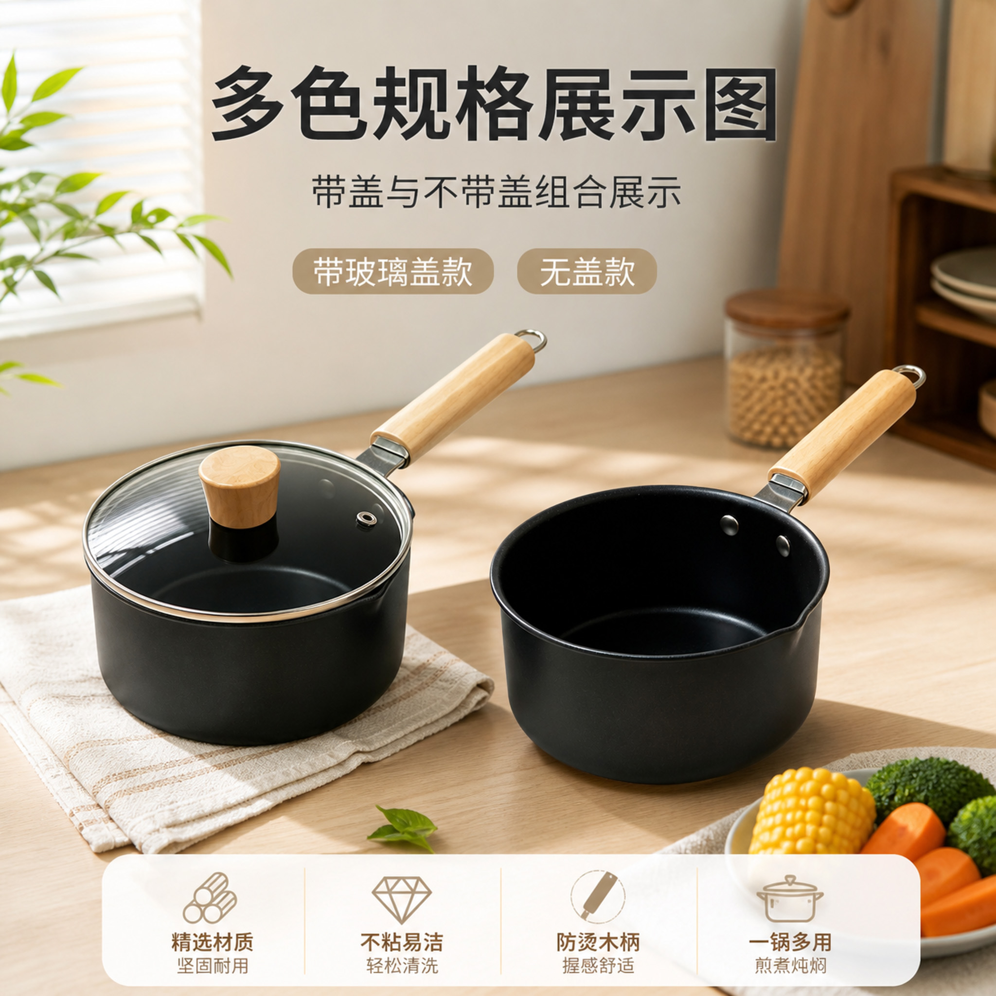 CGUCOOK wooden handle pure black non-stick milk pot, tourmaline non-stick pot, small milk pot, baby side food pot, multi-functional household hot milk pot, instant noodle milk pot details Picture