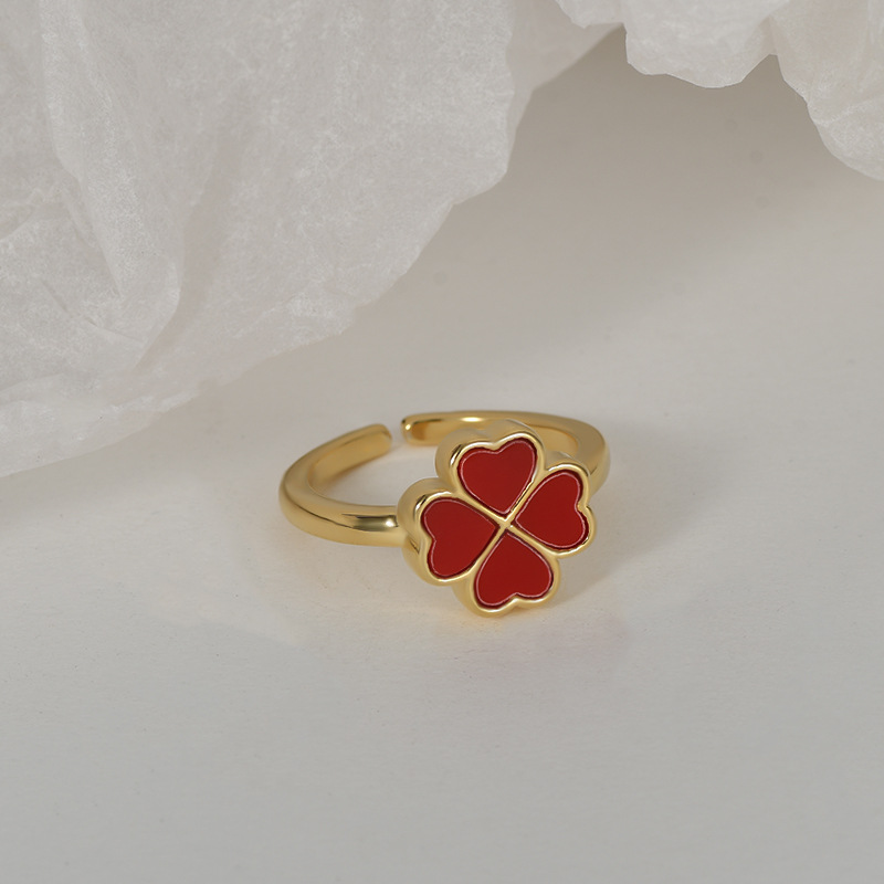 Oro rojo gotas de aceite trébol abierto anillo elegante sencillez nicho fecha enviar un regalo