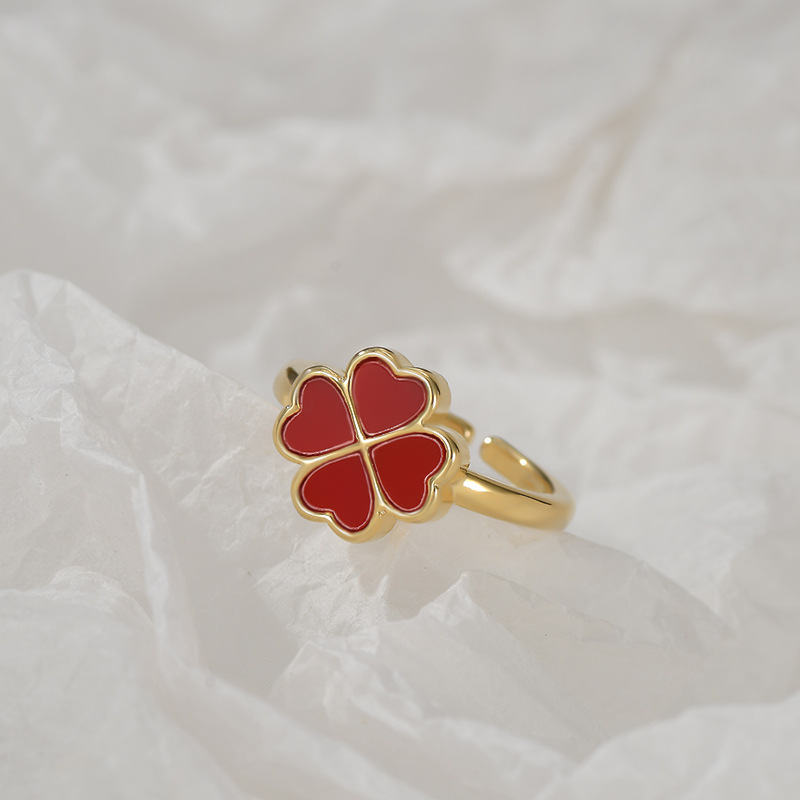 Oro rojo gotas de aceite trébol abierto anillo elegante sencillez nicho fecha enviar un regalo Specification image