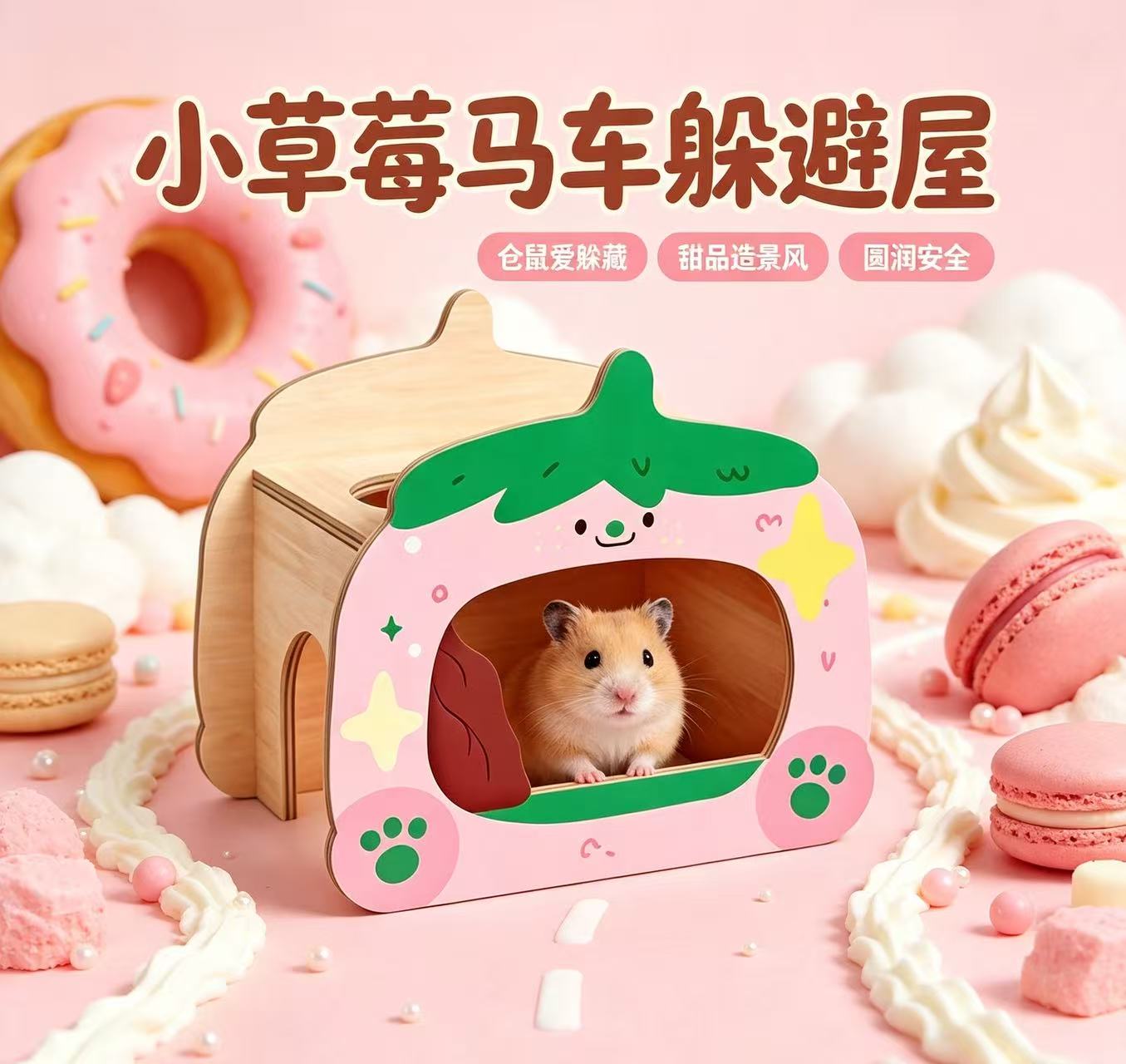 Pink strawberry-shaped wooden pet shelter, comfortable and warm cat and dog rest bed, pet supplies, pet home decoration Specification image