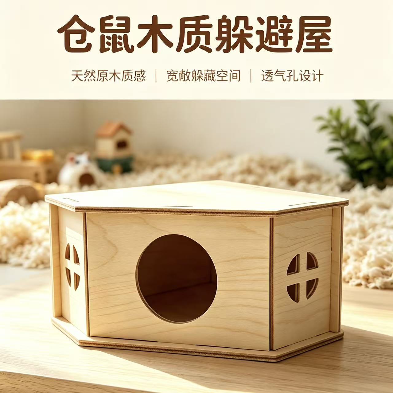 Hamster polygonal wooden shelter, assembled wooden house, golden thread bear cage, breathable hollowed-out rest, hiding and landscape small nest Application Scenario