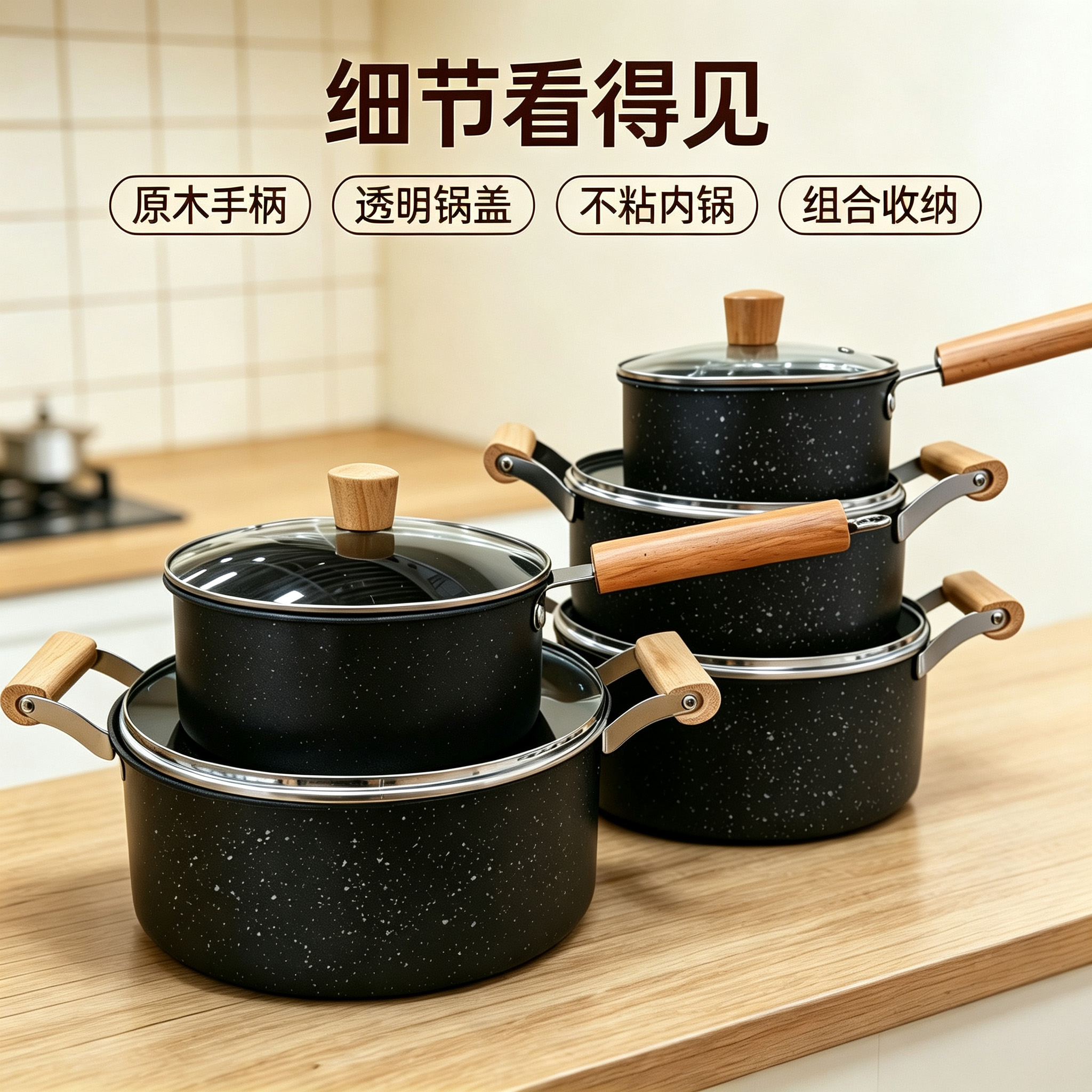 CGUCOOK Cross-border wholesale wooden handle 10-piece set, tourmaline non-stick pot, milk pot, non-stick pure black double-ear soup pot, household cookware set, induction cooker universal, 16-24cm Specification image
