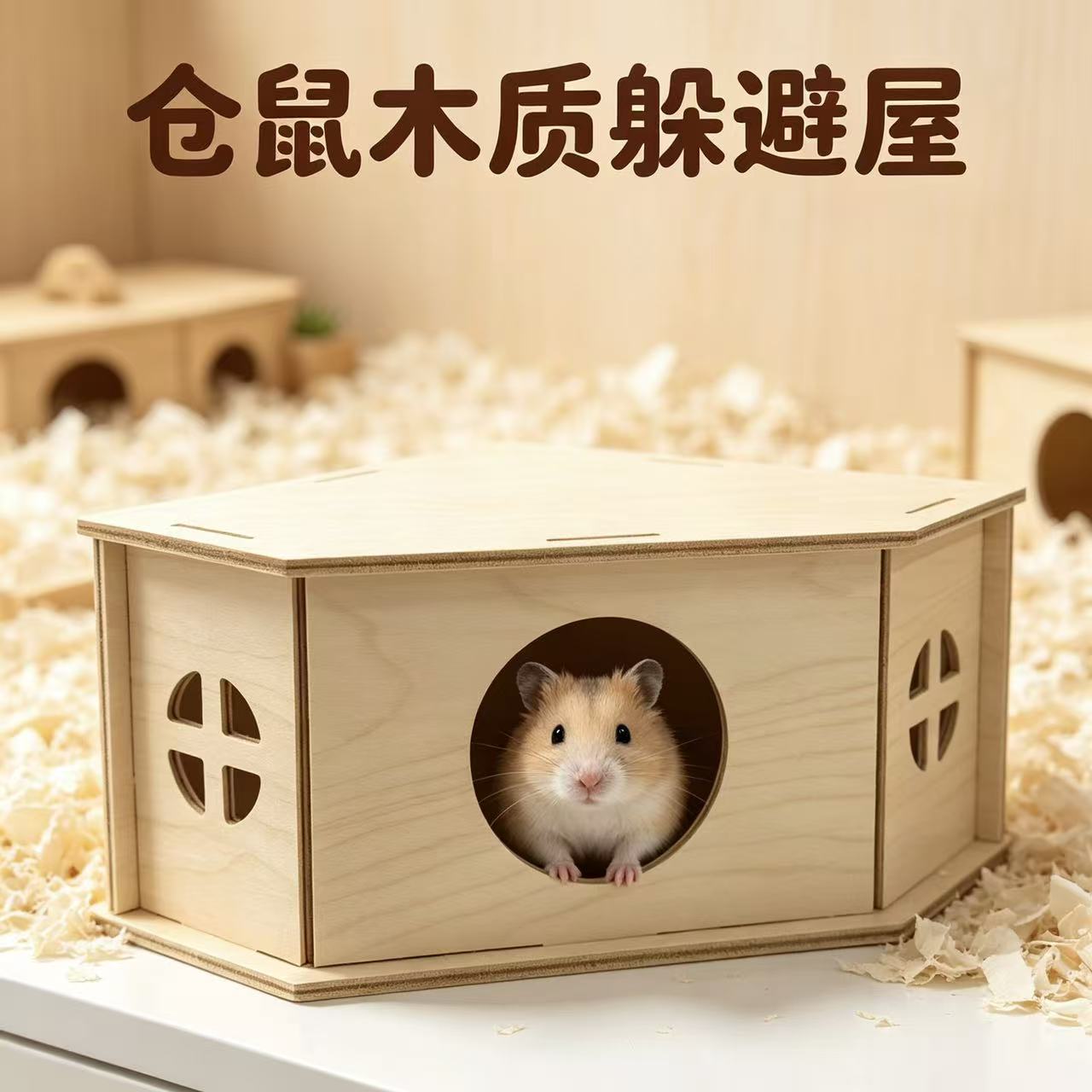 Hamster polygonal wooden shelter, assembled wooden house, golden thread bear cage, breathable hollowed-out rest, hiding and landscape small nest Specification image