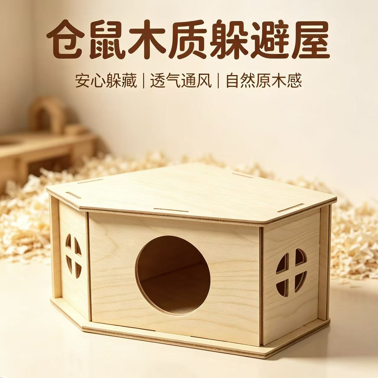 Hamster polygonal wooden shelter, assembled wooden house, golden thread bear cage, breathable hollowed-out rest, hiding and landscape small nest details Picture