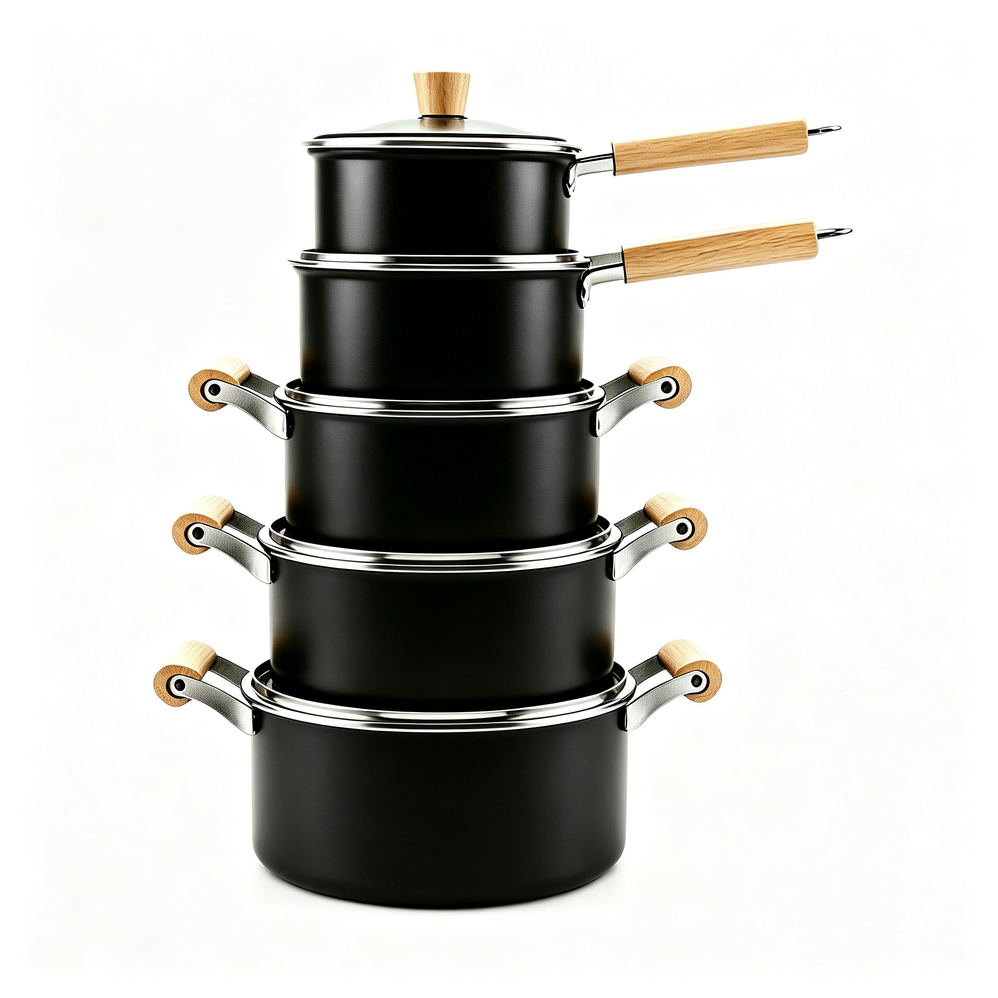 CGUCOOK Cross-border wholesale wooden handle 10-piece set, tourmaline non-stick pot, milk pot, non-stick pure black double-ear soup pot, household cookware set, induction cooker universal, 16-24cm Item Picture