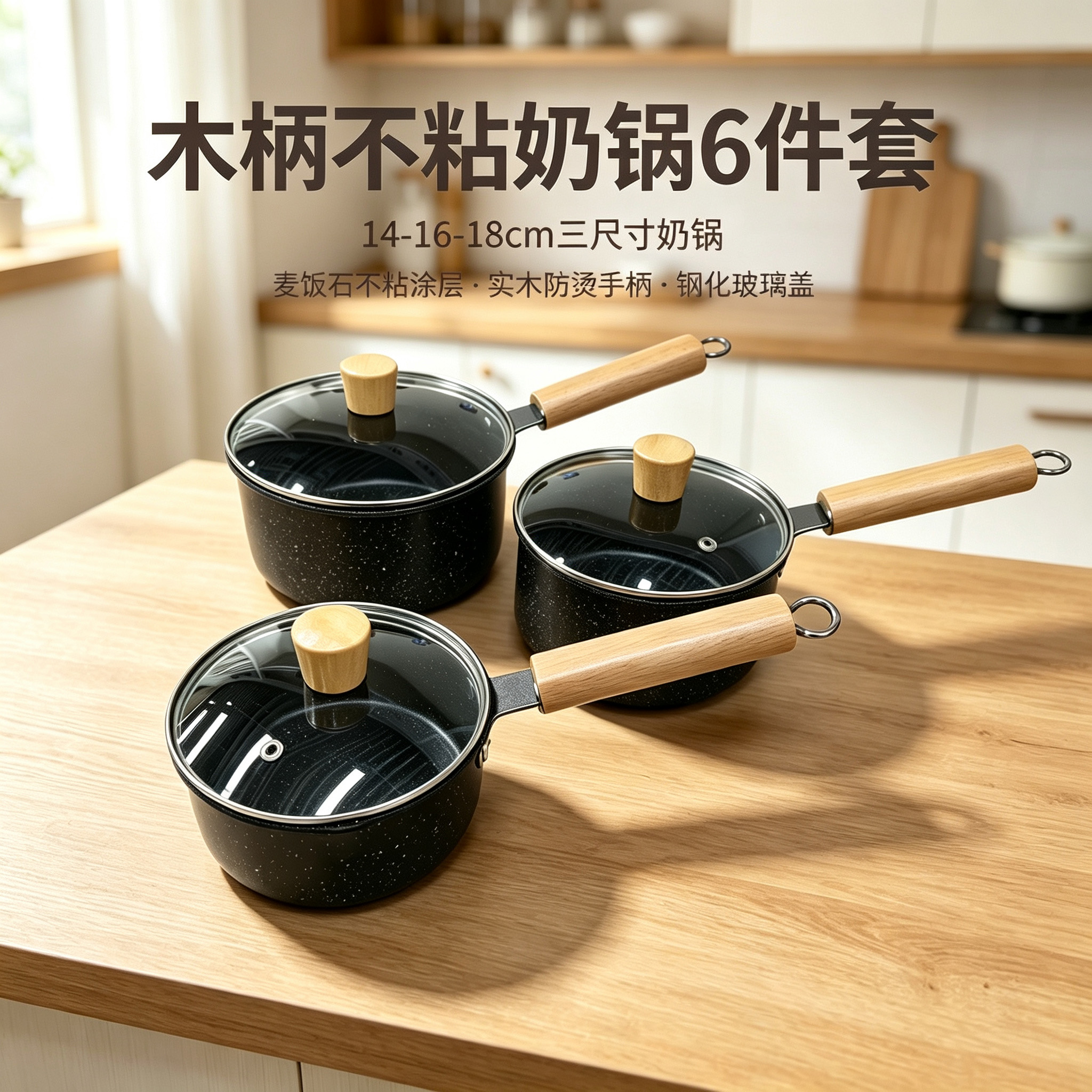 CGUCOOK木柄不粘奶锅6件套麦饭石不沾锅纯黑小奶锅宝宝副食品锅家用热牛奶锅14-18cm详情1