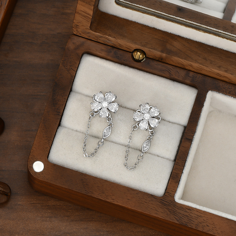 Plata flor cadena aretes mujer strass flor tipo cadena orejeras fresco dulce fresco temperamento orejeras Item Picture