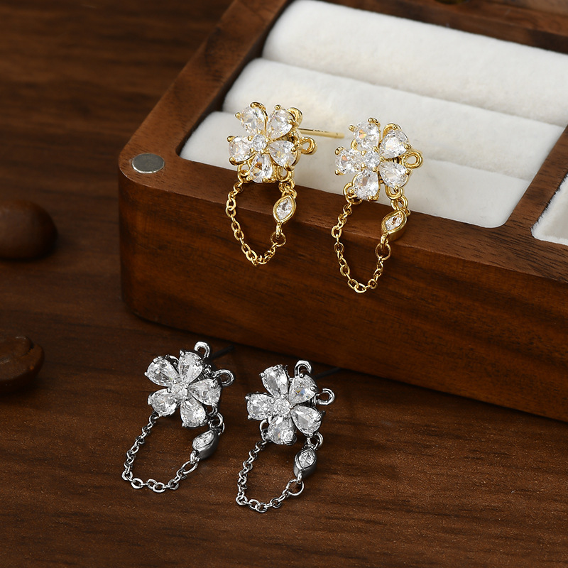 Plata flor cadena aretes mujer strass flor tipo cadena orejeras fresco dulce fresco temperamento orejeras