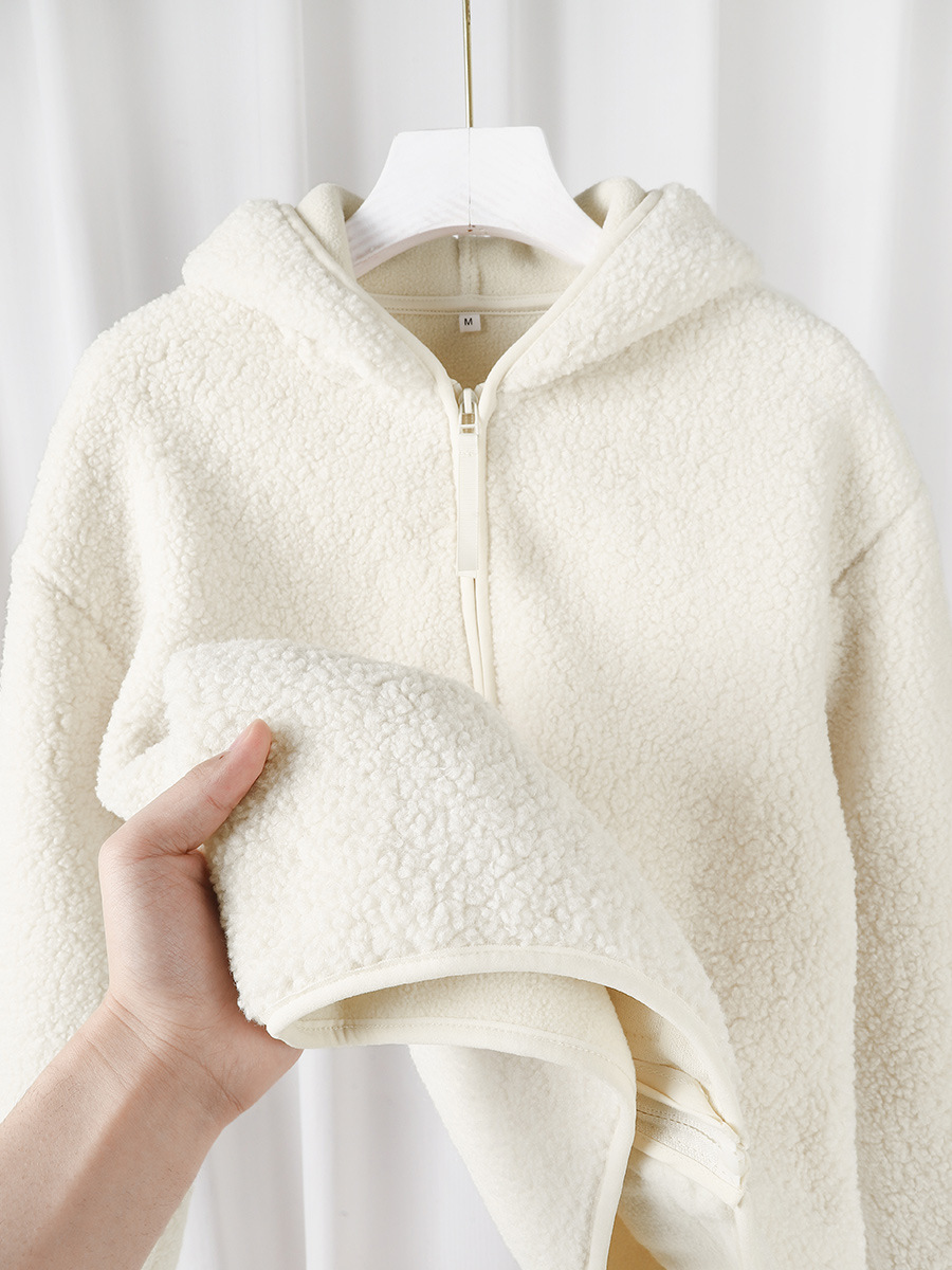 Fluffy! Soft and skin-friendly ~ A gentle cream-colored thickened polar fleece warm hooded sweatshirt for women undefined