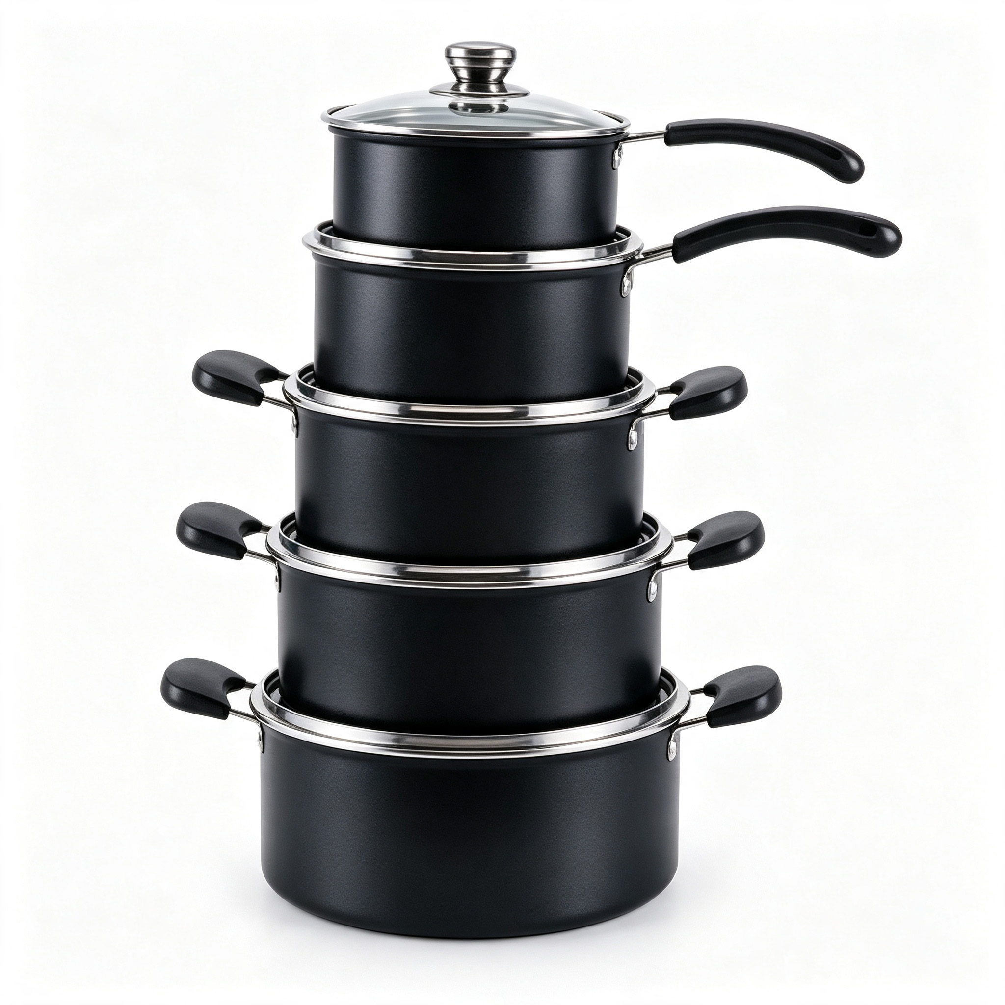 CGUCOOK Cross-border wholesale electric wood handle 10-piece set, tourmaline non-stick pot, milk pot, non-stick pure black double-ear soup pot, household cookware set, induction cooker universal, 16-24cm Item Picture