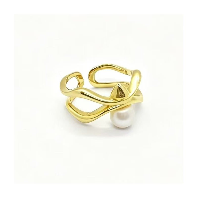 Anillo de oro real 24K chapado en cobre anillo de perla anillo de tamaño medio abierto anillo de moda accesorios de alta calidad details Picture