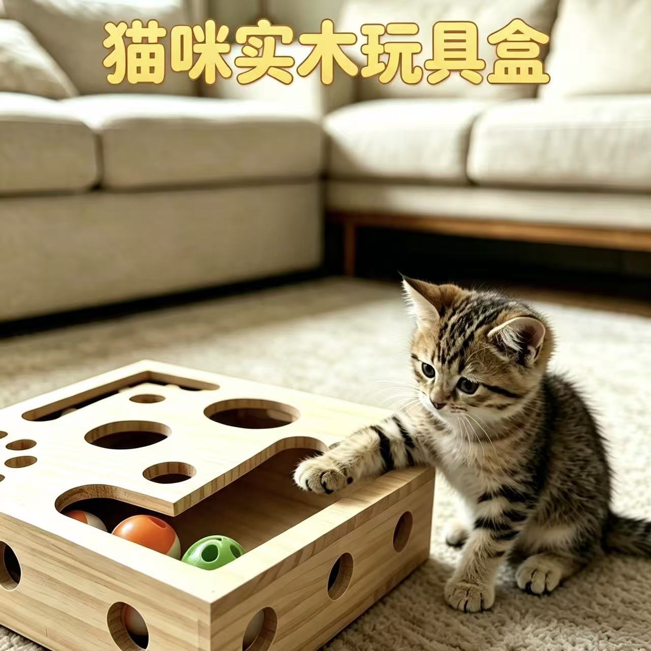 Cat solid wood hole toy box, cat ball toss to relieve boredom toy, pet interactive and educational play box Application Scenario