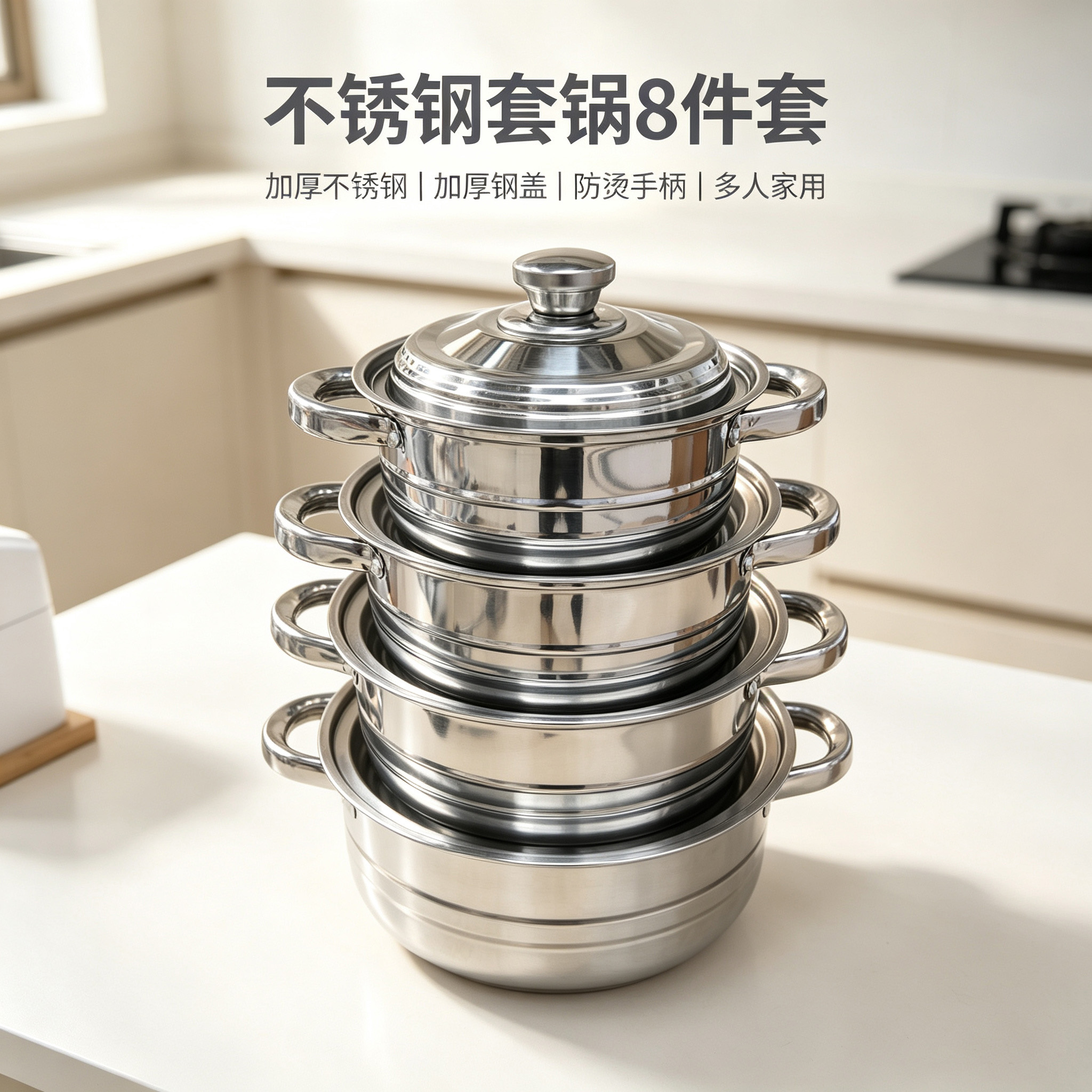 CGUCOOK跨境爆款不锈钢套锅8件套锅具套装不锈钢厨房锅具家用高盖汤锅详情1