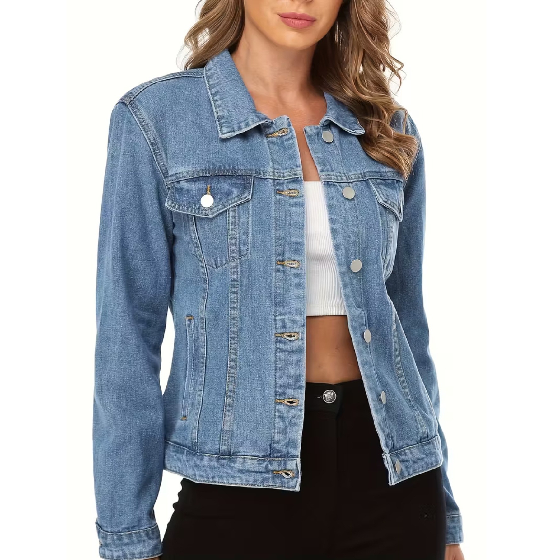 Modelo de versión suelta con bolsillo de solapa, manga larga, adecuado para primavera/otoño, estilo minimalista denim exterior Application Scenario