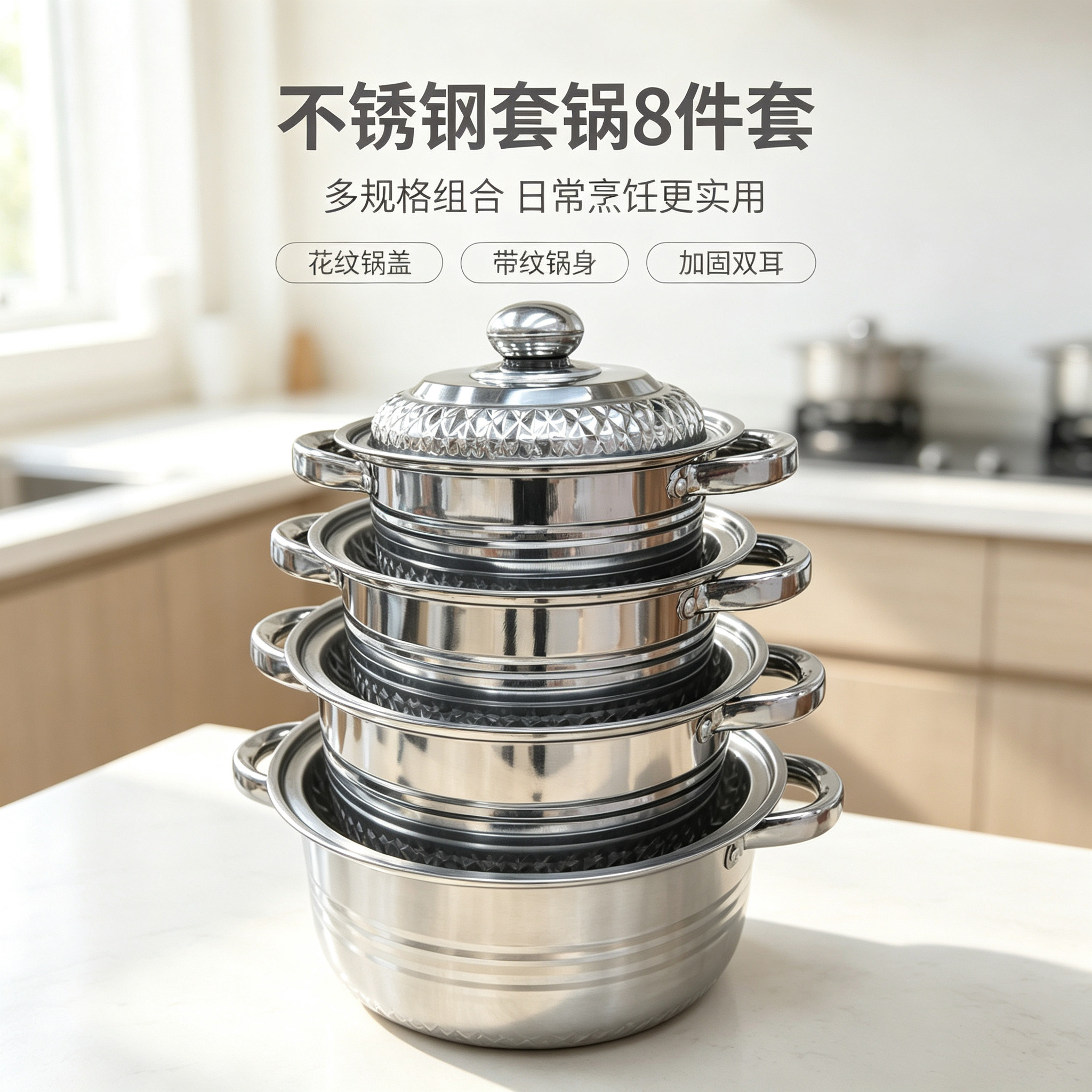 CGUCOOK Cross-border Bestseller Stainless Steel Pot Set 8-piece pot set, stainless steel kitchen pot set, home diamond tube ear soup pot