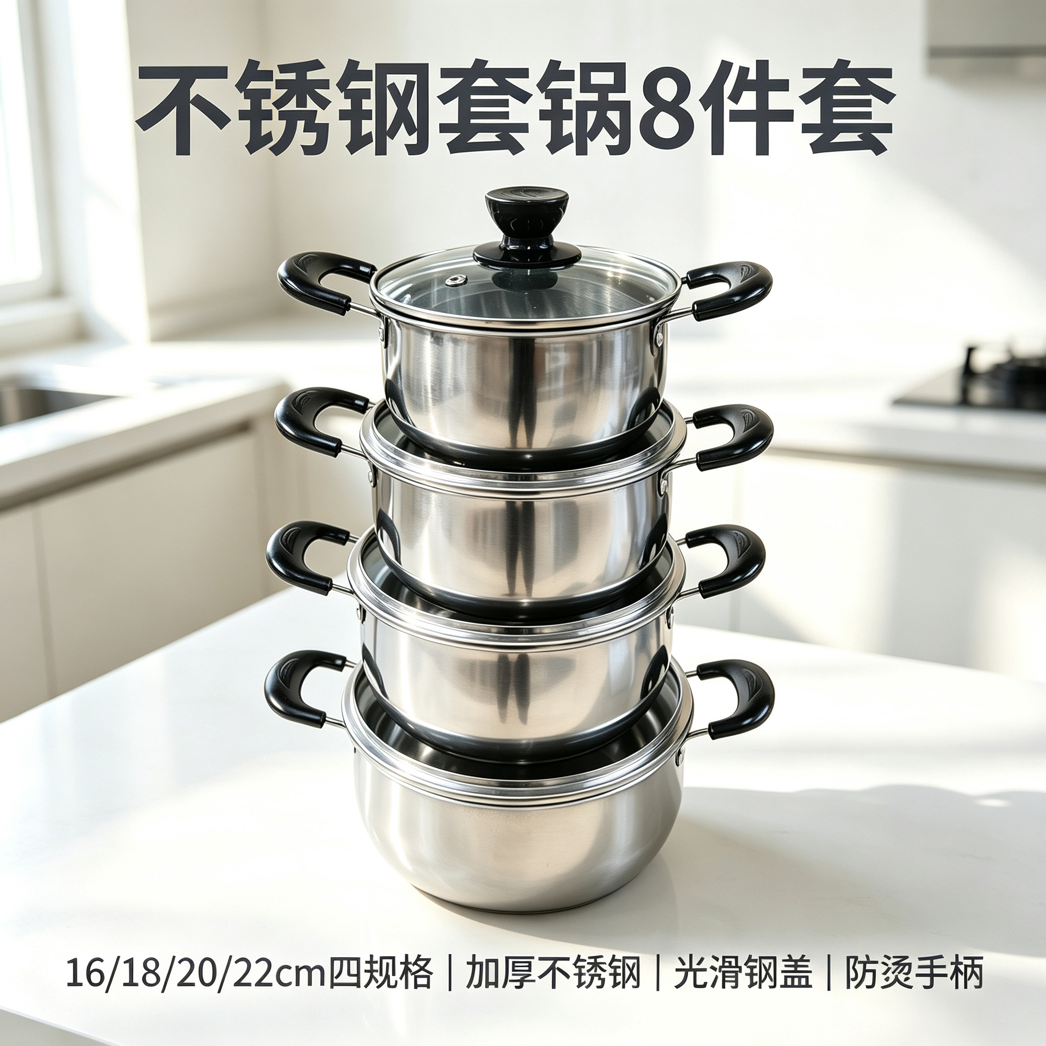 CGUCOOK不锈钢套锅8件套锅具套装不锈钢礼品厨房锅具外贸出口家用黑柄加厚汤锅详情1