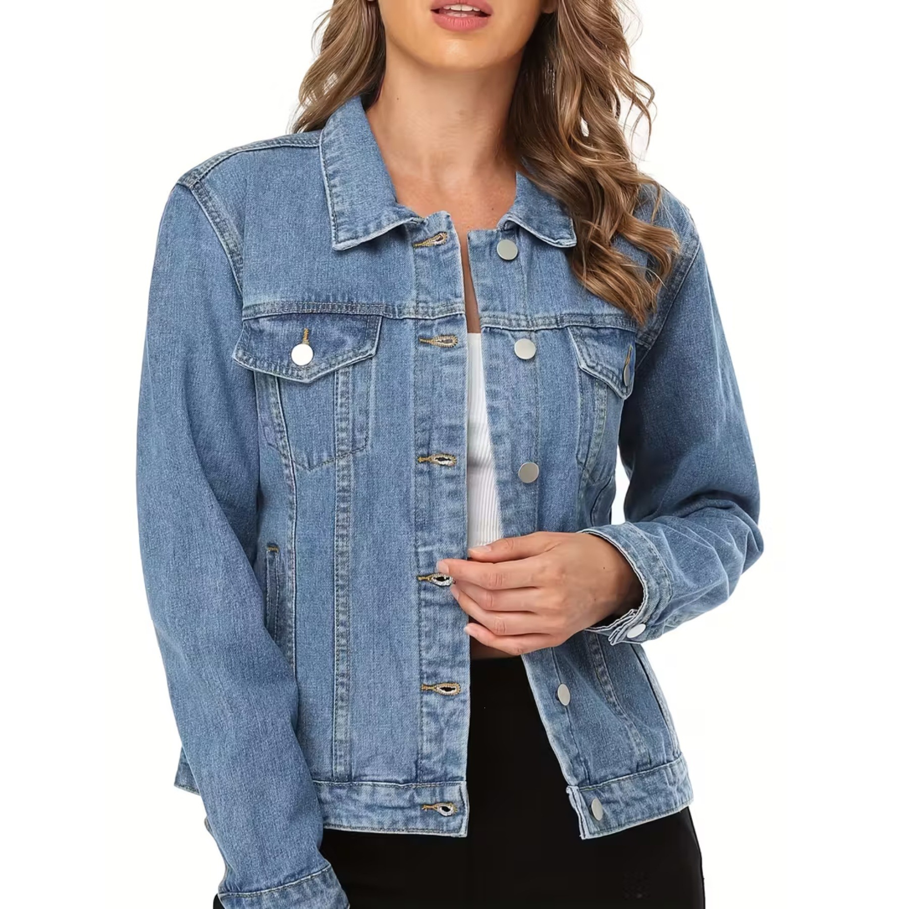 Modelo de versión suelta con bolsillo de solapa, manga larga, adecuado para primavera/otoño, estilo minimalista denim exterior Item Picture