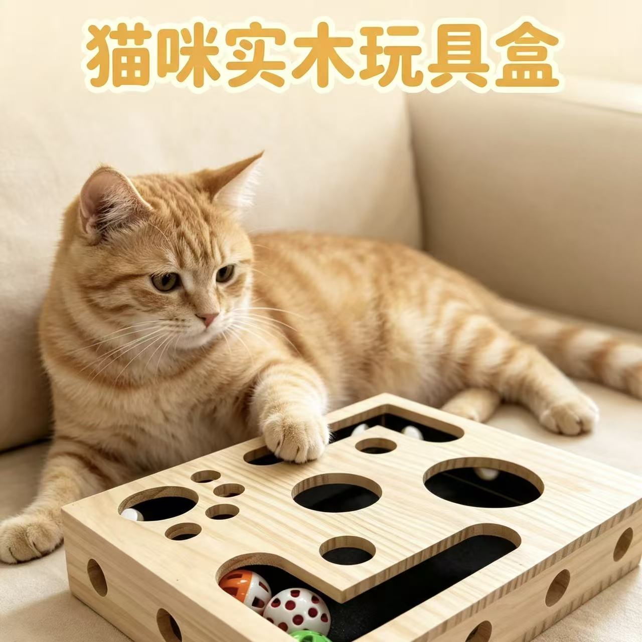 Cat solid wood hole toy box, cat ball toss to relieve boredom toy, pet interactive and educational play box Specification image