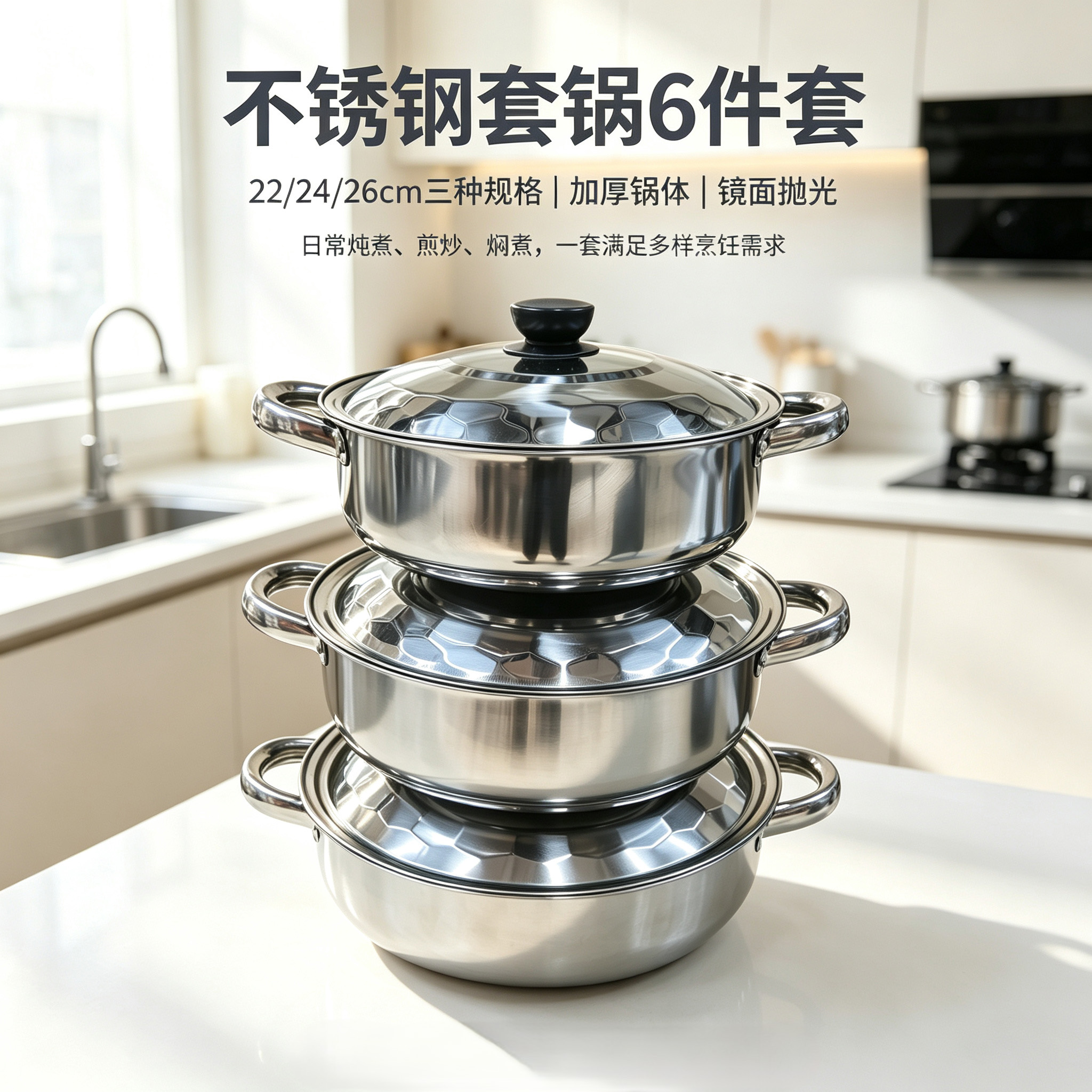 CGUCOOK不锈钢套锅6件套锅具套装不锈钢礼品厨房锅具外贸出口家用大容量钻石汤锅详情1